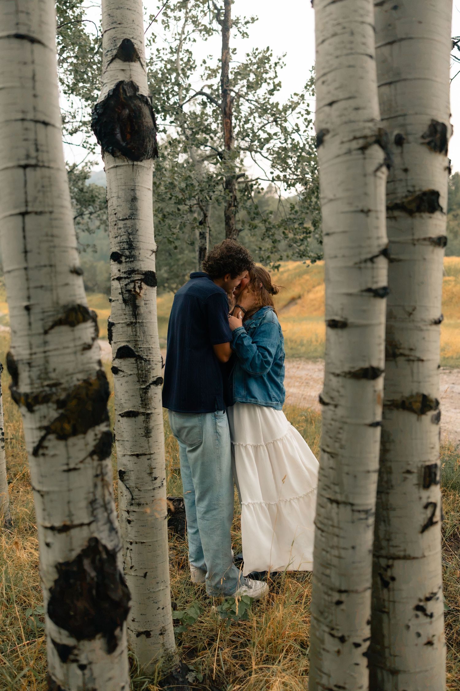 Couple sharing a romantic embrace among white birch trees in a forest, woman in white skirt and man in blue jacket.