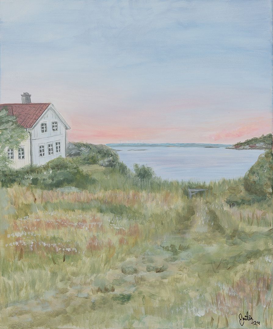 En bild på en tavla som visar en äng och ett hav. Där ligger även ett vitt hus.