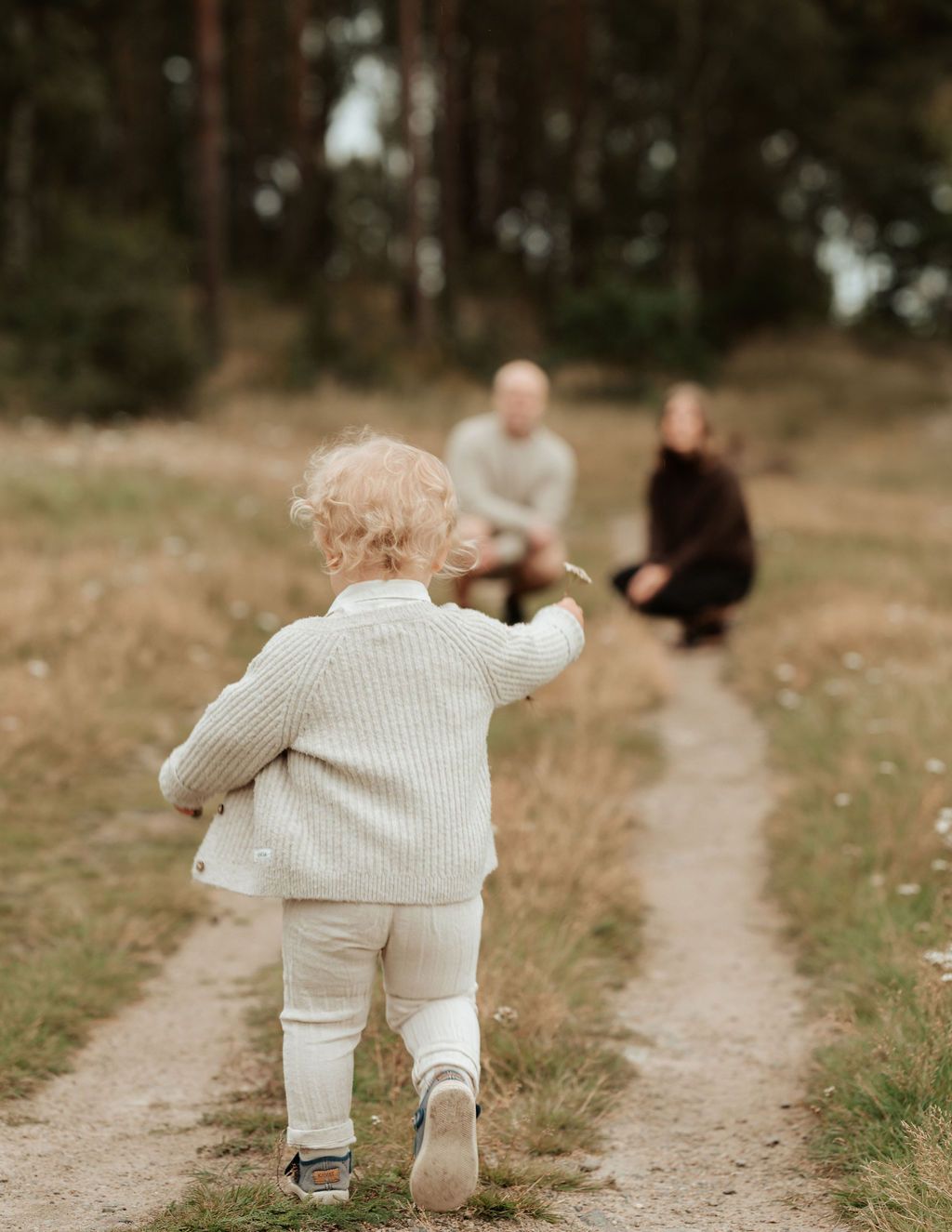 Liten pojke som springer bort från kameran mot sina föräldrar som sitter längre bort på en stig. Pojken har en blomma i handen