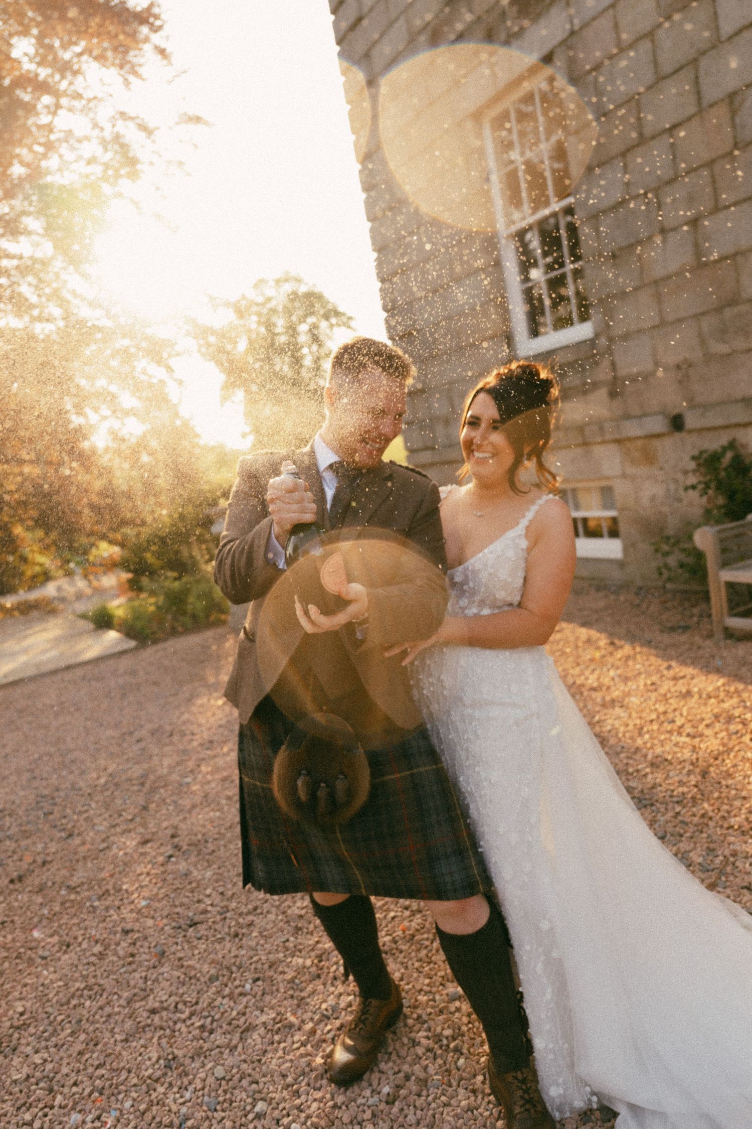 Romantic sequence of couple dancing together outdoors in golden sunset light.