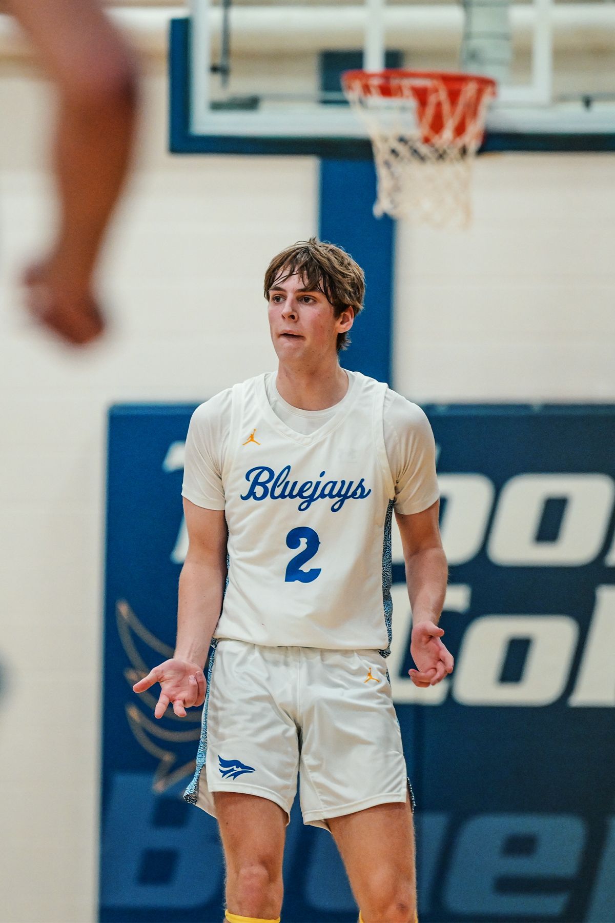 Basketball player in white Bluejays uniform number 2 stands on court during game.