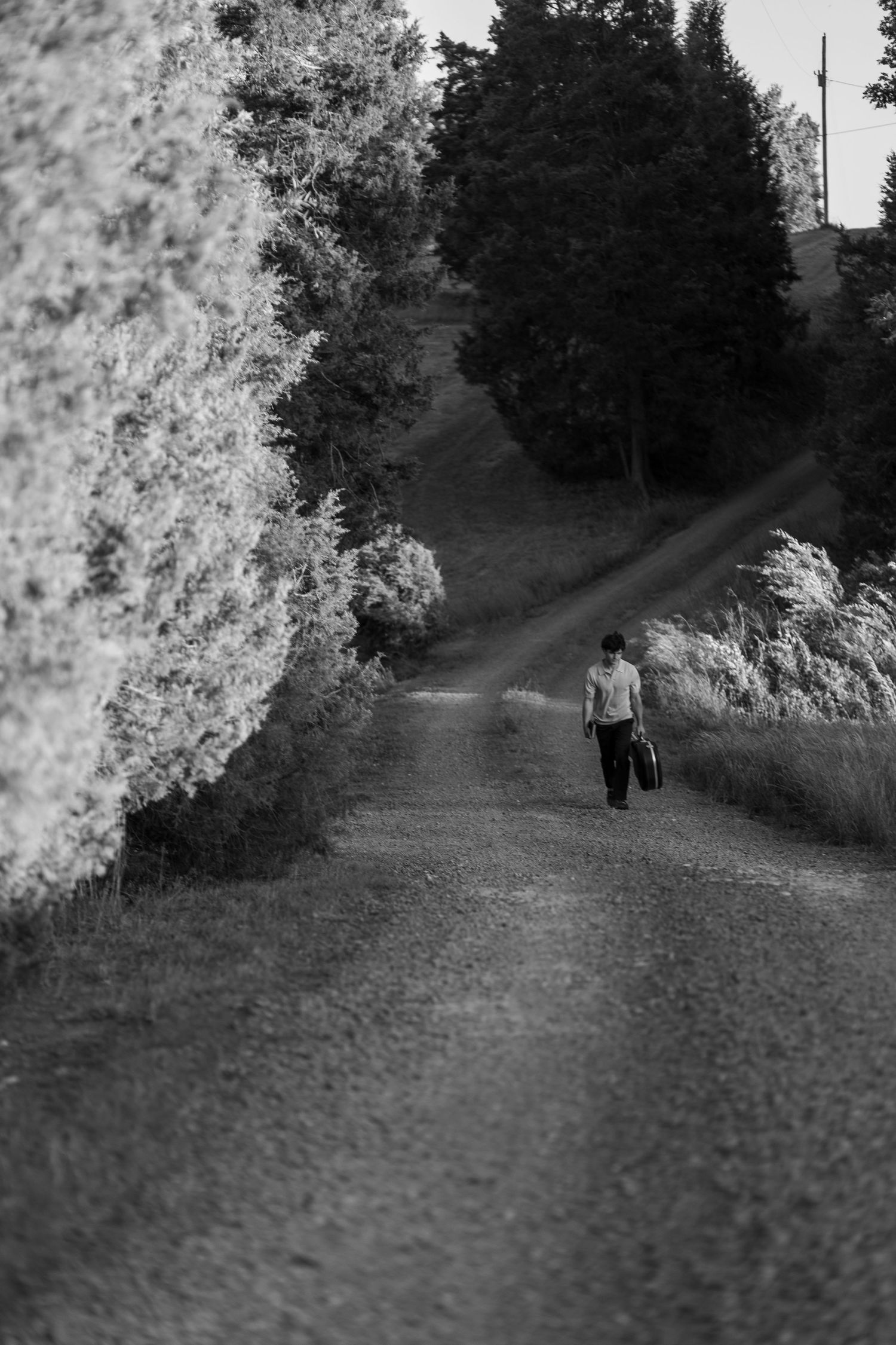 Black and white photo of a lone person walking down a rural dirt road carrying luggage, flanked by trees.