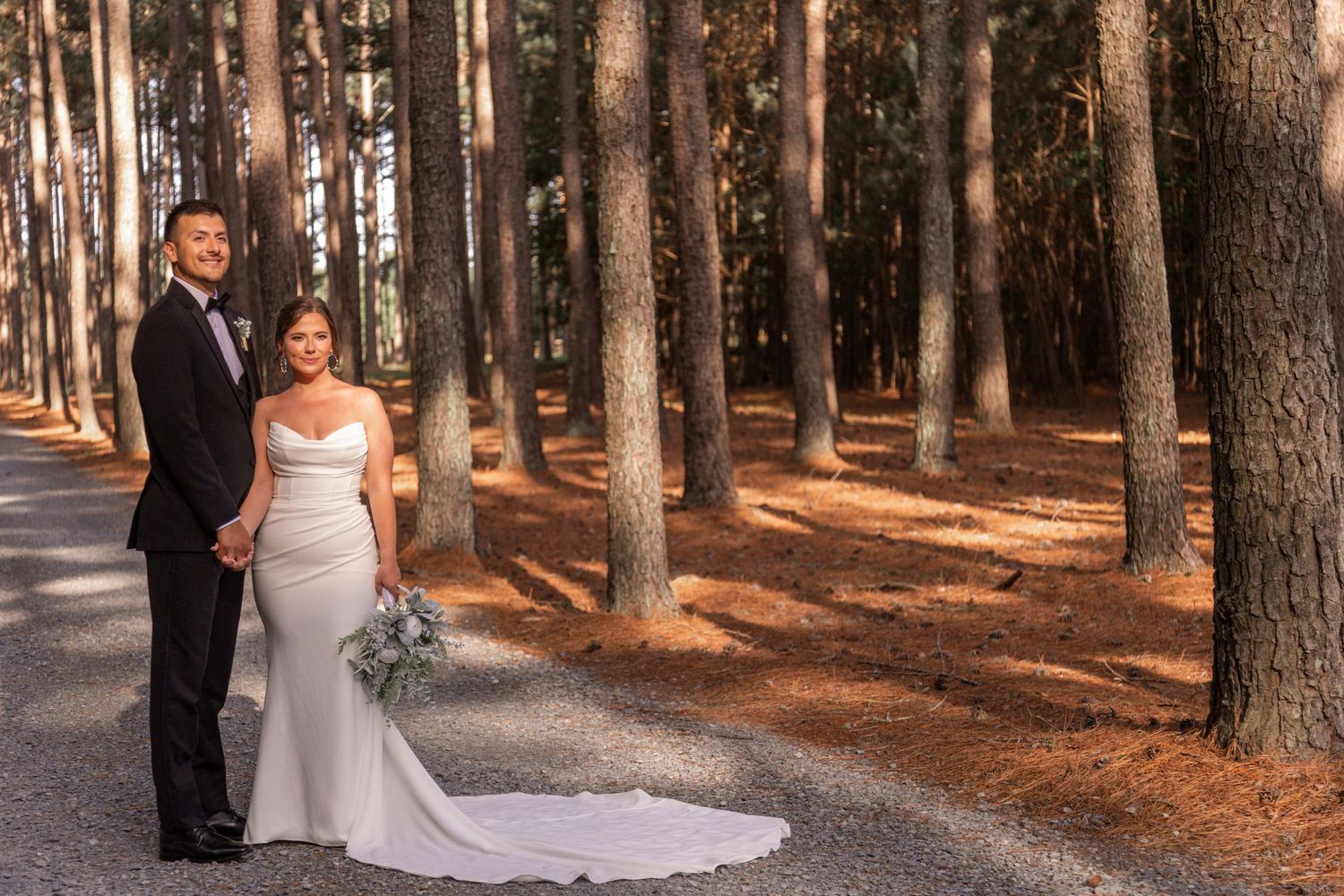 A wedding couple poses in a pine forest with sunlit trees creating a magical backdrop.