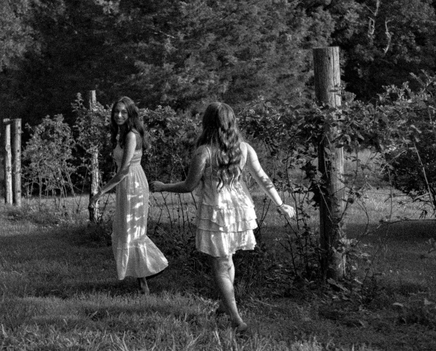 Series of black and white photo panels showing someone walking through a field on a sunny summer day.