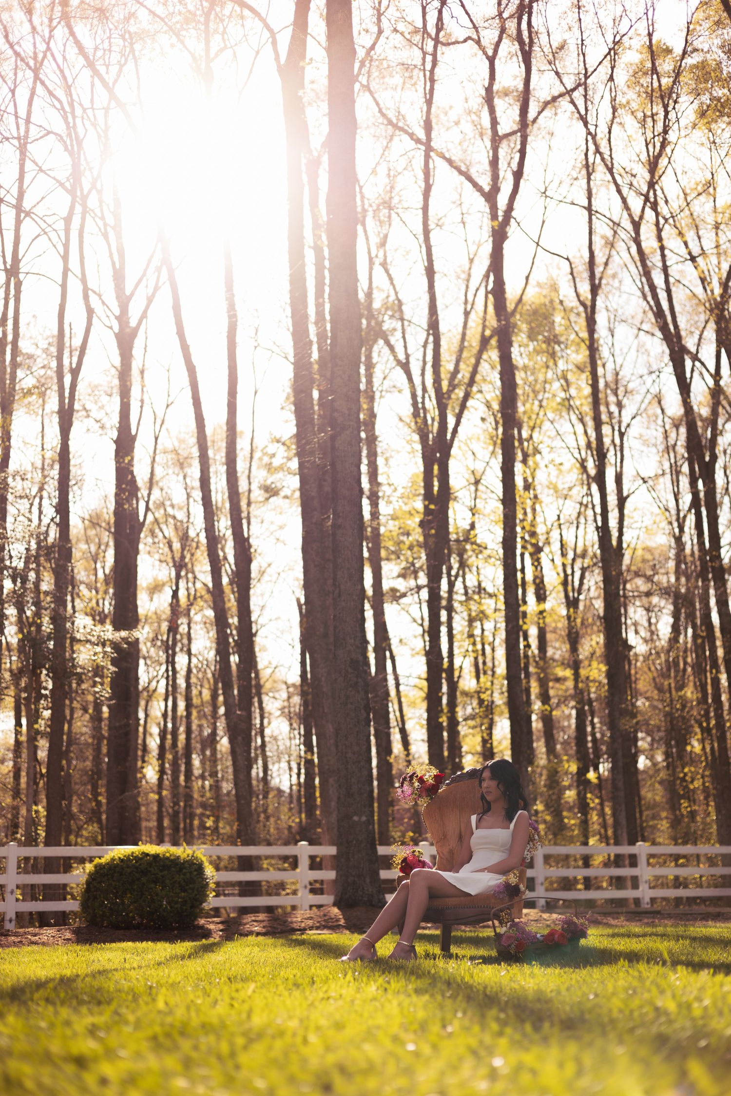 Bride sitting on a bench in sunlit forest clearing with white fence and lush green grass on a beautiful day.