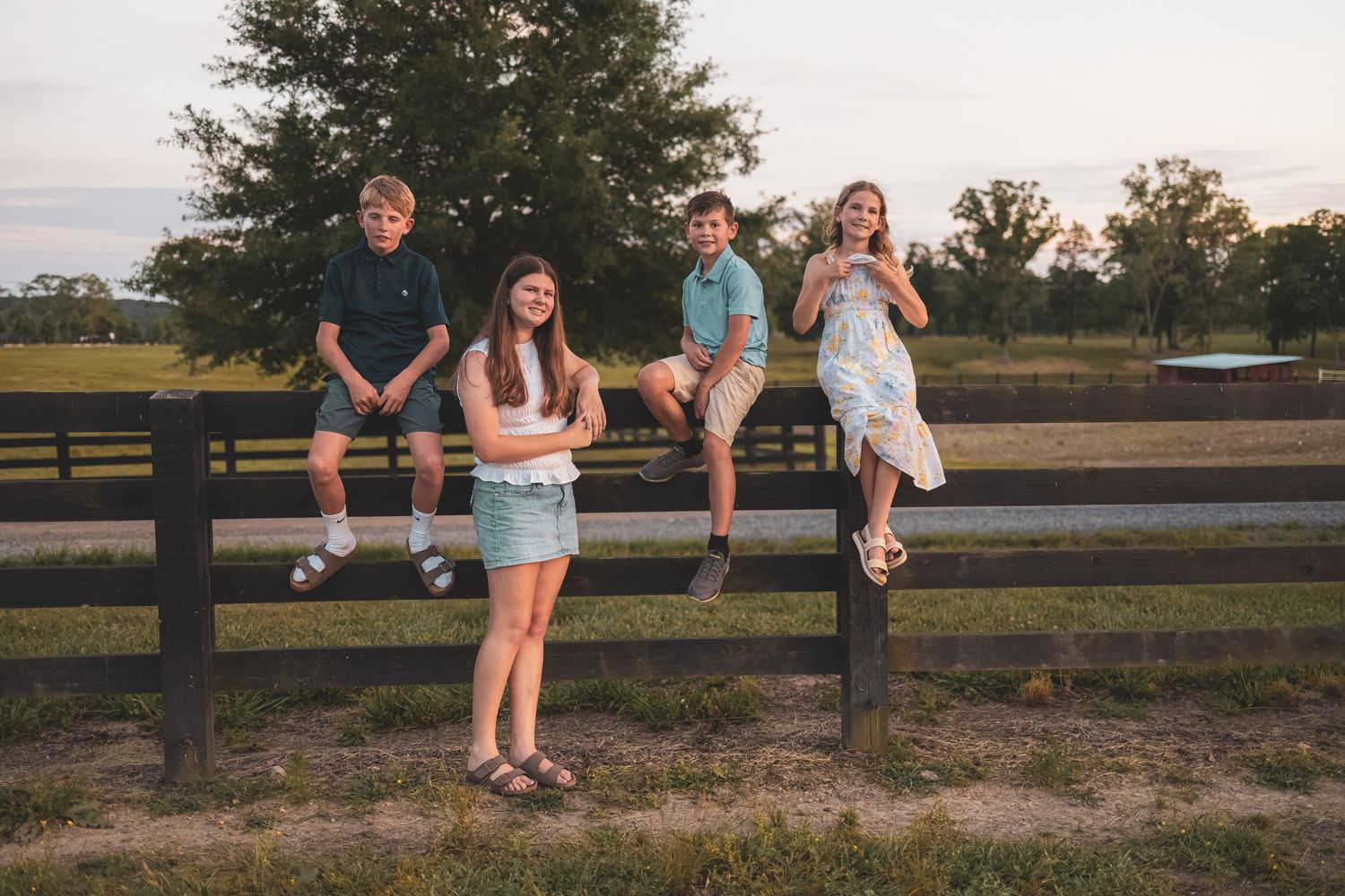 Four kids pose on a wooden farm fence at sunset in a rural countryside setting with green trees in the background.