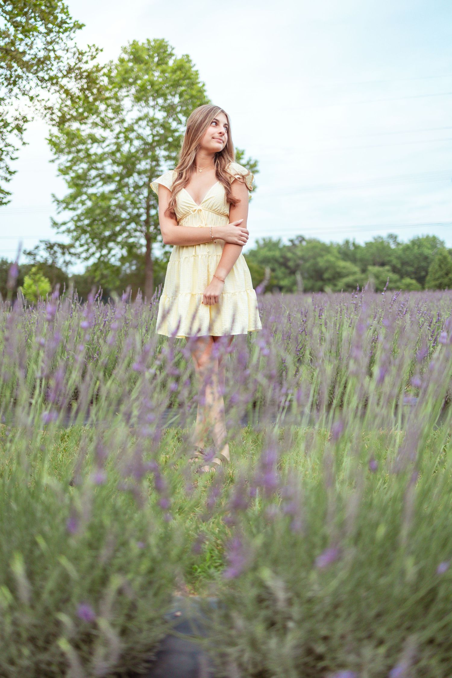 Young woman in yellow dress standing in a blooming lavender field, smiling surrounded by purple flowers and green trees.