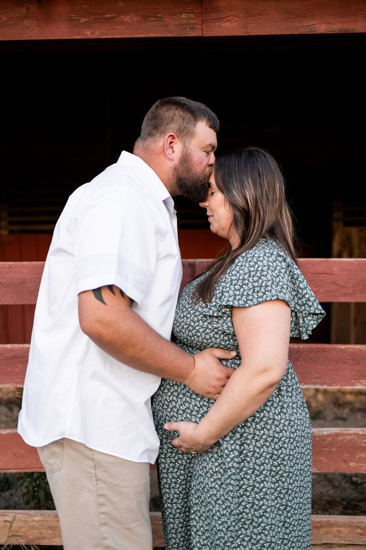 A romantic sequence of intimate moments between a couple in white and floral dress against a rustic wooden backdrop.