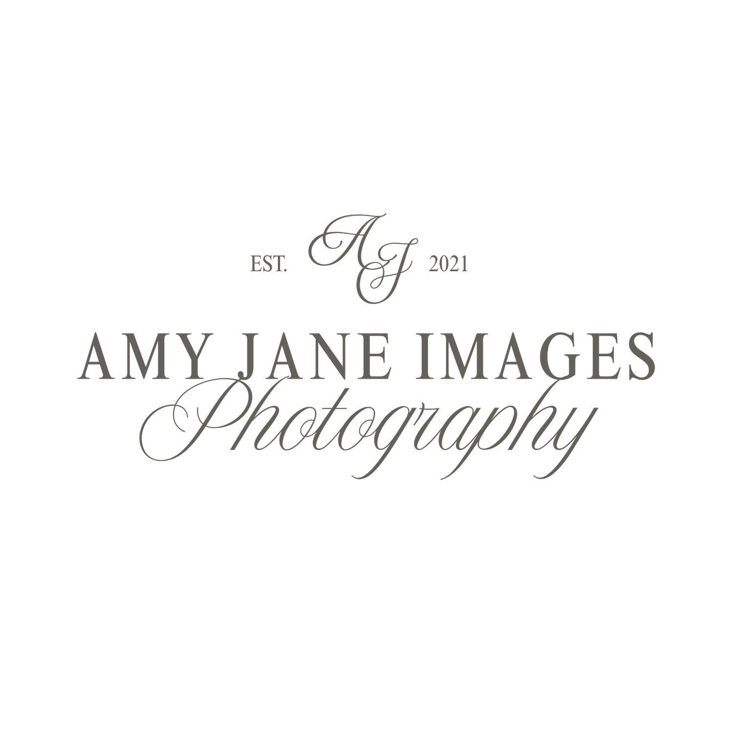 Amy Jane Images Photography logo with elegant script font, monogram initials, and EST. 2021 text on white background.