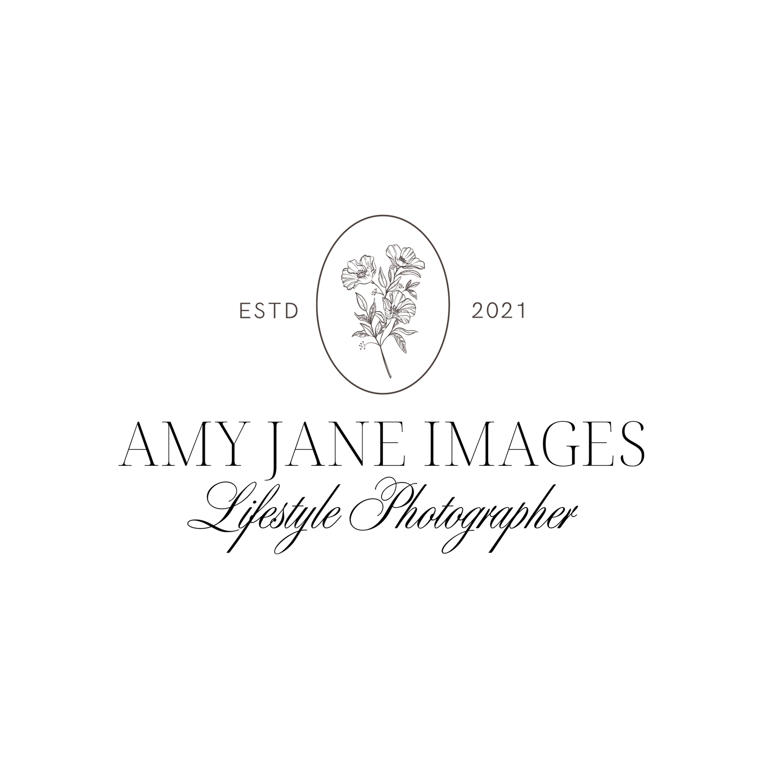 Elegant logo for Amy Jane Images Lifestyle Photographer, featuring floral illustration in oval frame, established 2021.