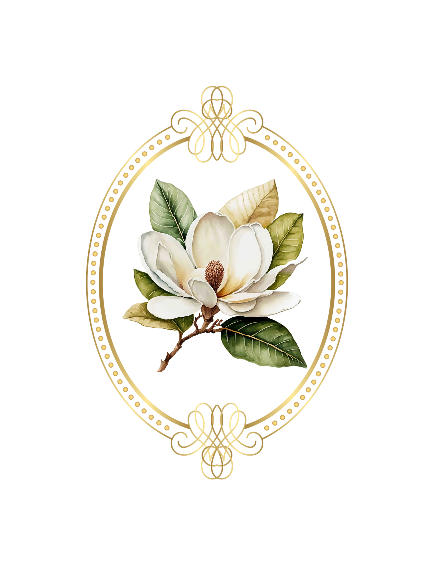 Vintage botanical illustration of a white magnolia flower with green leaves in an ornate gold oval frame.