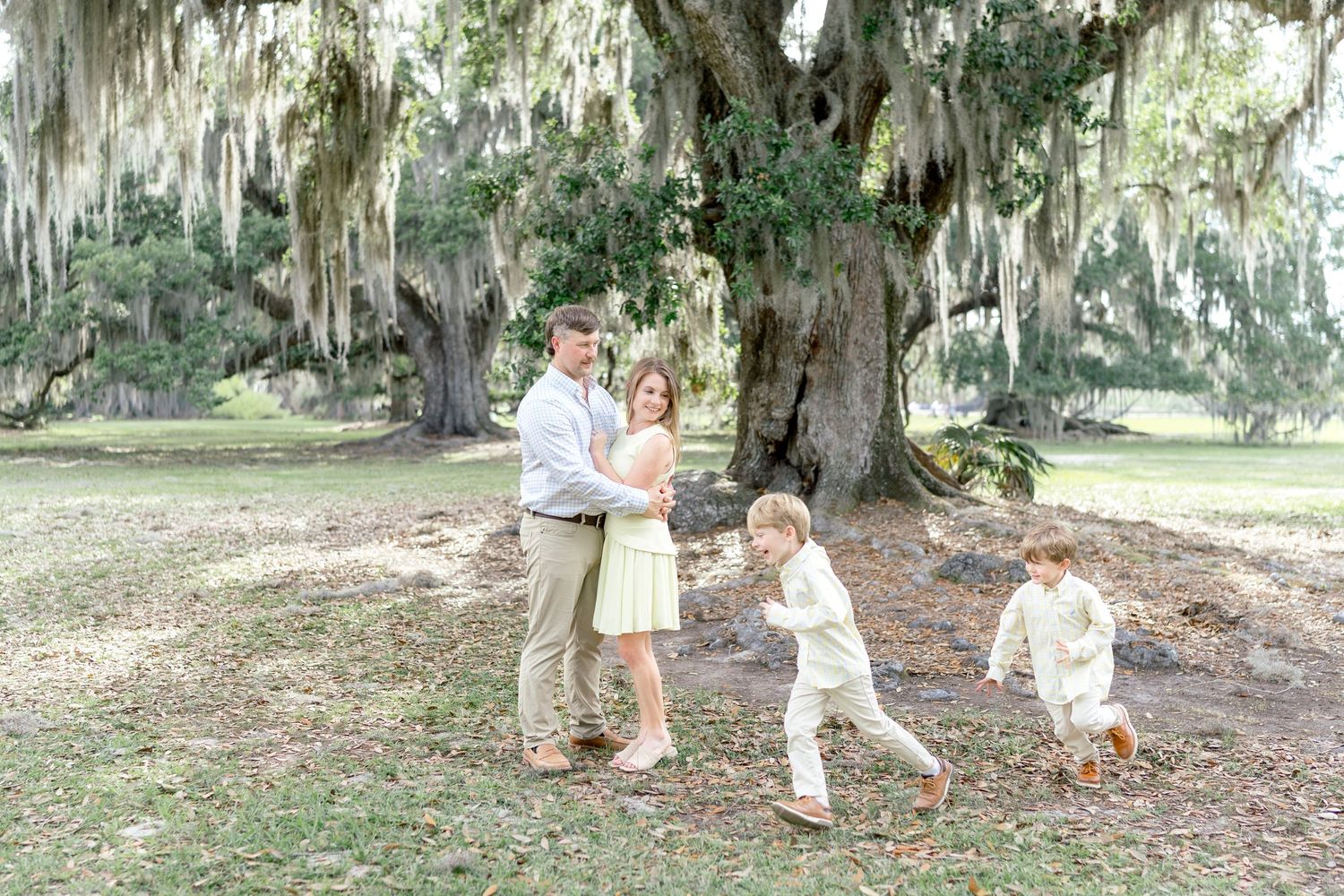 Family of four playing under a large moss-draped oak tree in a sunny park setting.