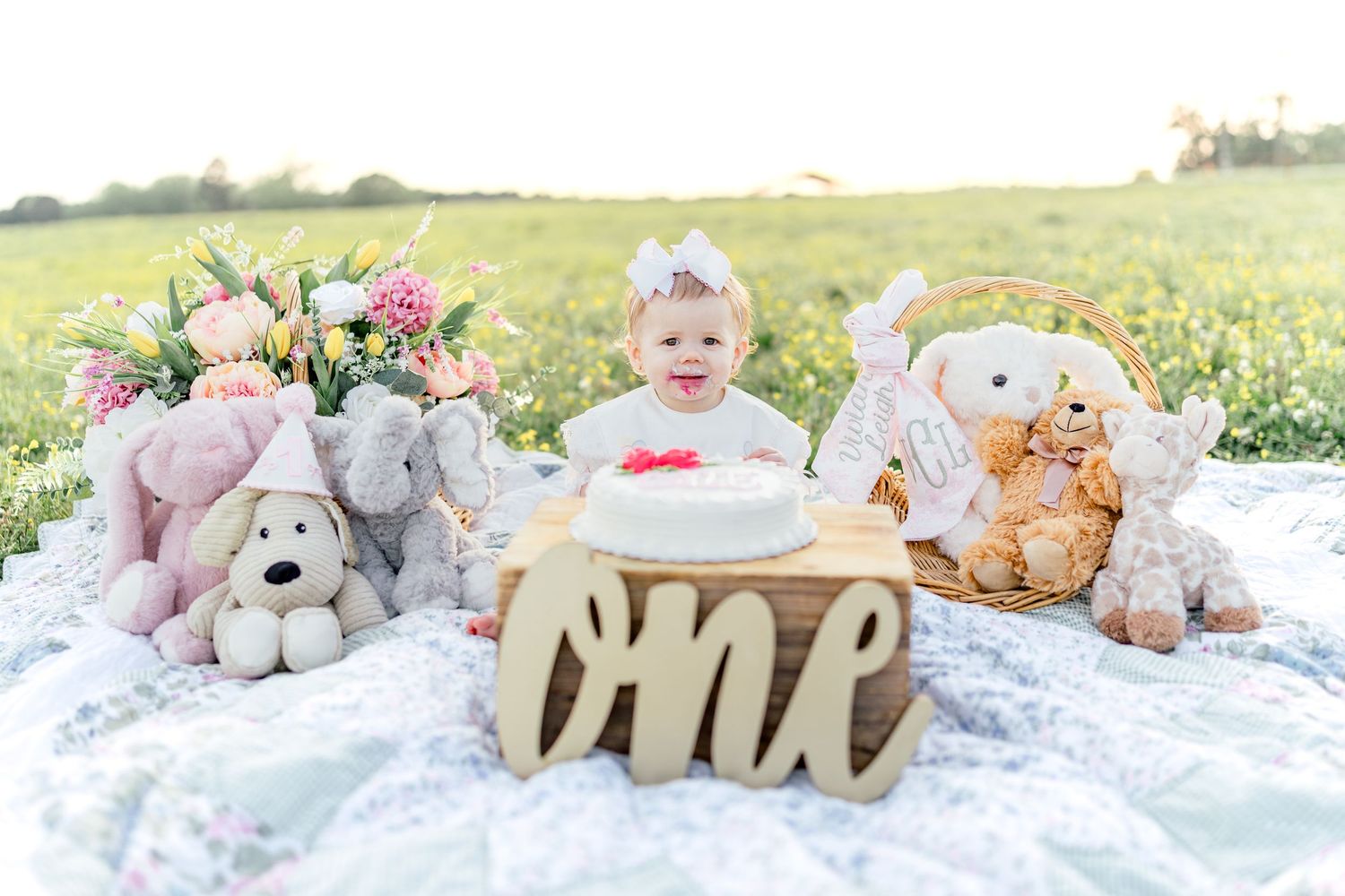 Baby girl celebrates first birthday outdoors with cake, teddy bears, and floral decor on a blanket in a meadow.