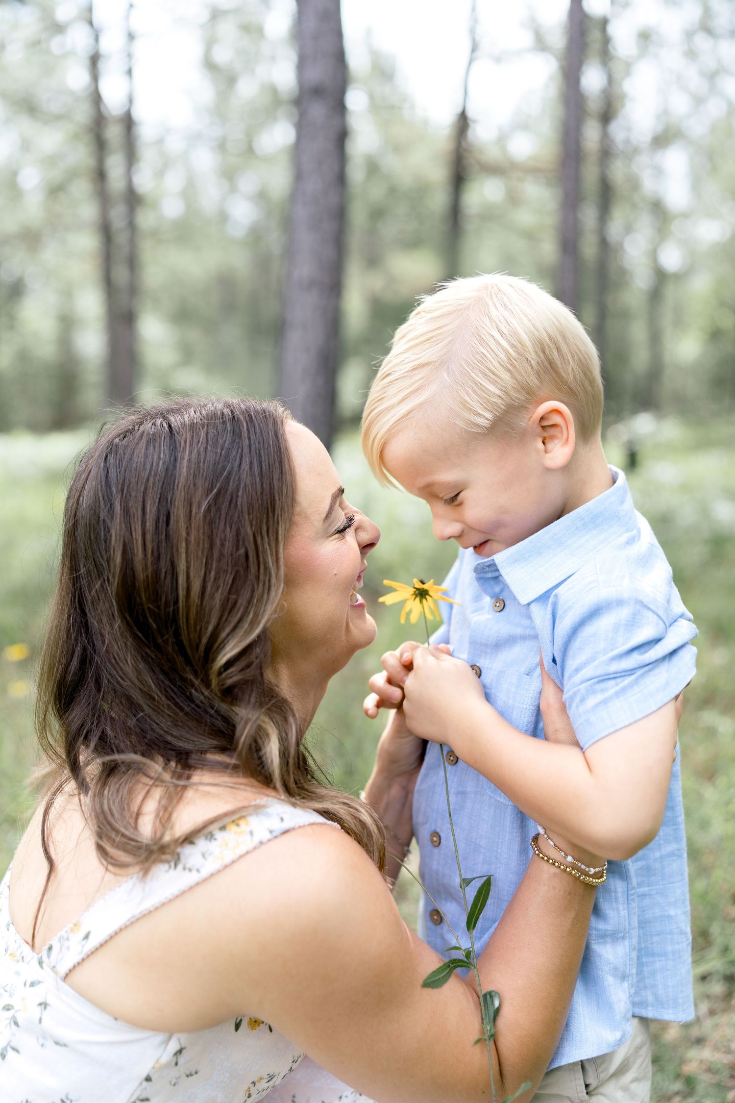 A mother and young blonde boy smell a yellow wildflower together in a sunlit pine forest.