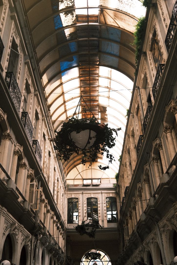 Historic Victorian arcade interior with arched glass ceiling, hanging plants, and ornate architecture lining the elegant passage.