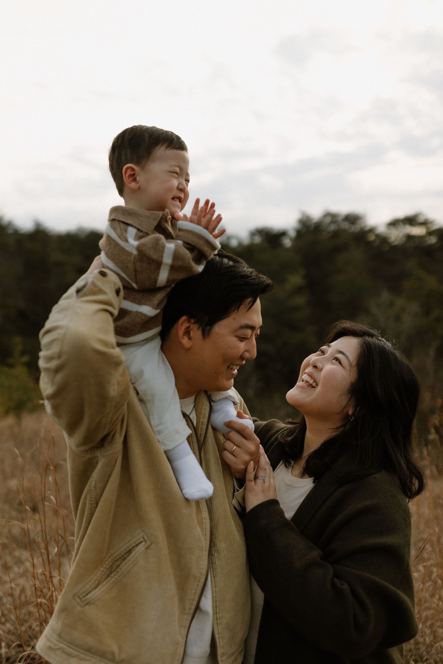 Happy Asian family outdoors, father carrying toddler on shoulders while mother laughs in a golden field.