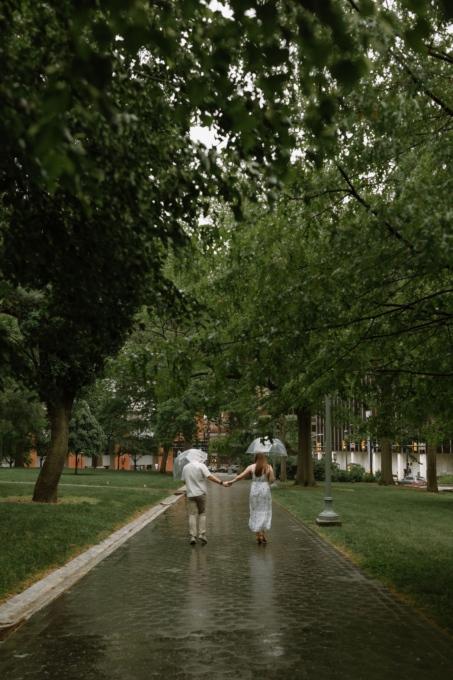 Couple holding hands walking on rainy park path lined with lush green trees, dressed in white outfits with umbrellas.