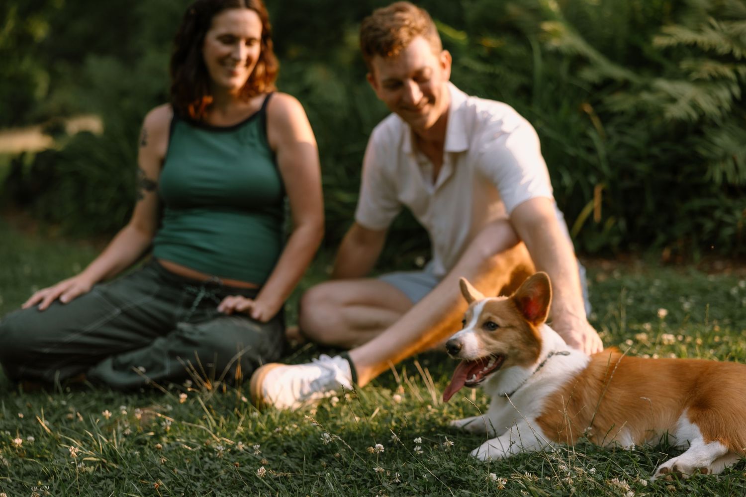 Couple sitting on grass in a park with their happy Corgi dog on a sunny day.