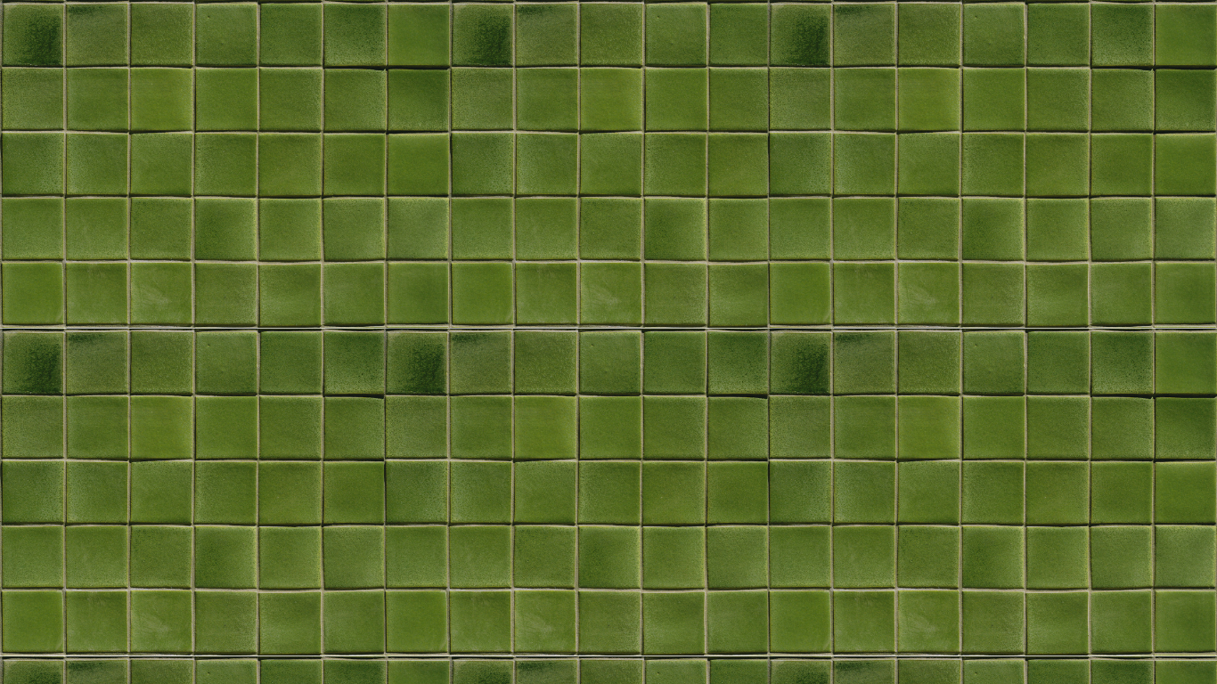 Green mosaic tile wall texture with uniform square tiles arranged in a grid pattern, ideal for backgrounds.