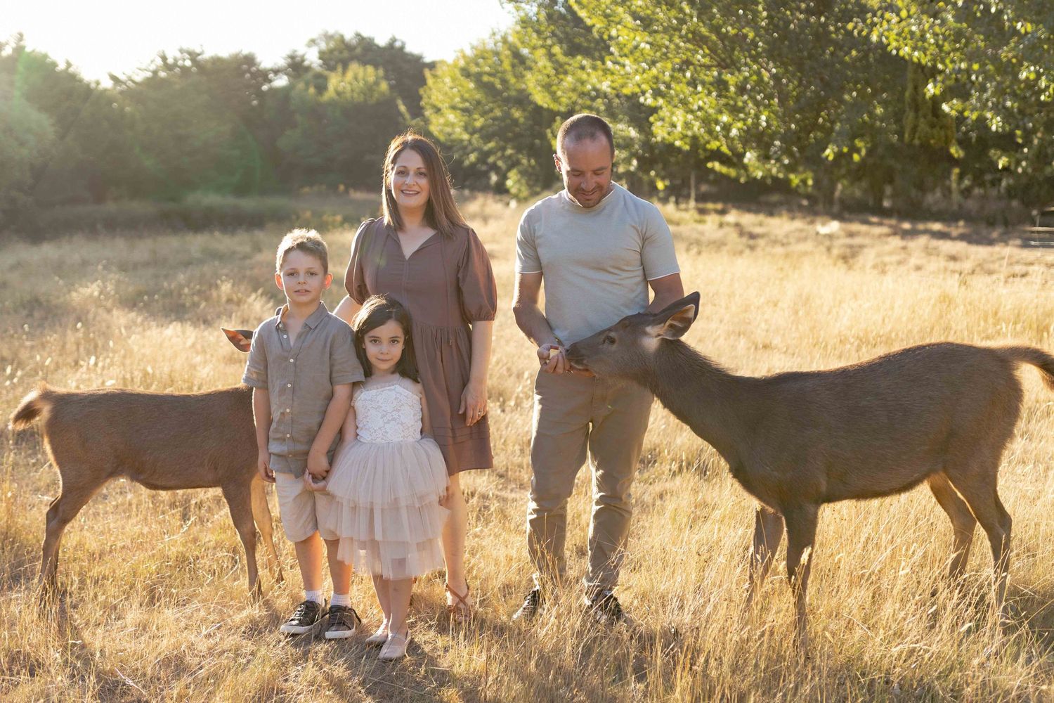 Family of four in the field standing with their pet deer Outdoor at home family session Gisborne Melb Vic