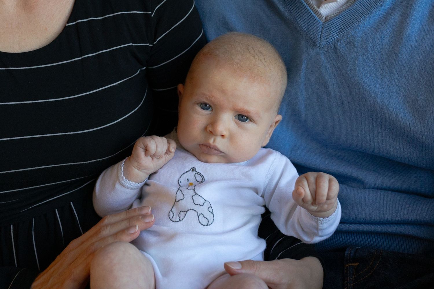 Close up of newborn baby boy sitting inbetween his mum and dad At home newborn session Gisborne Melb Vic