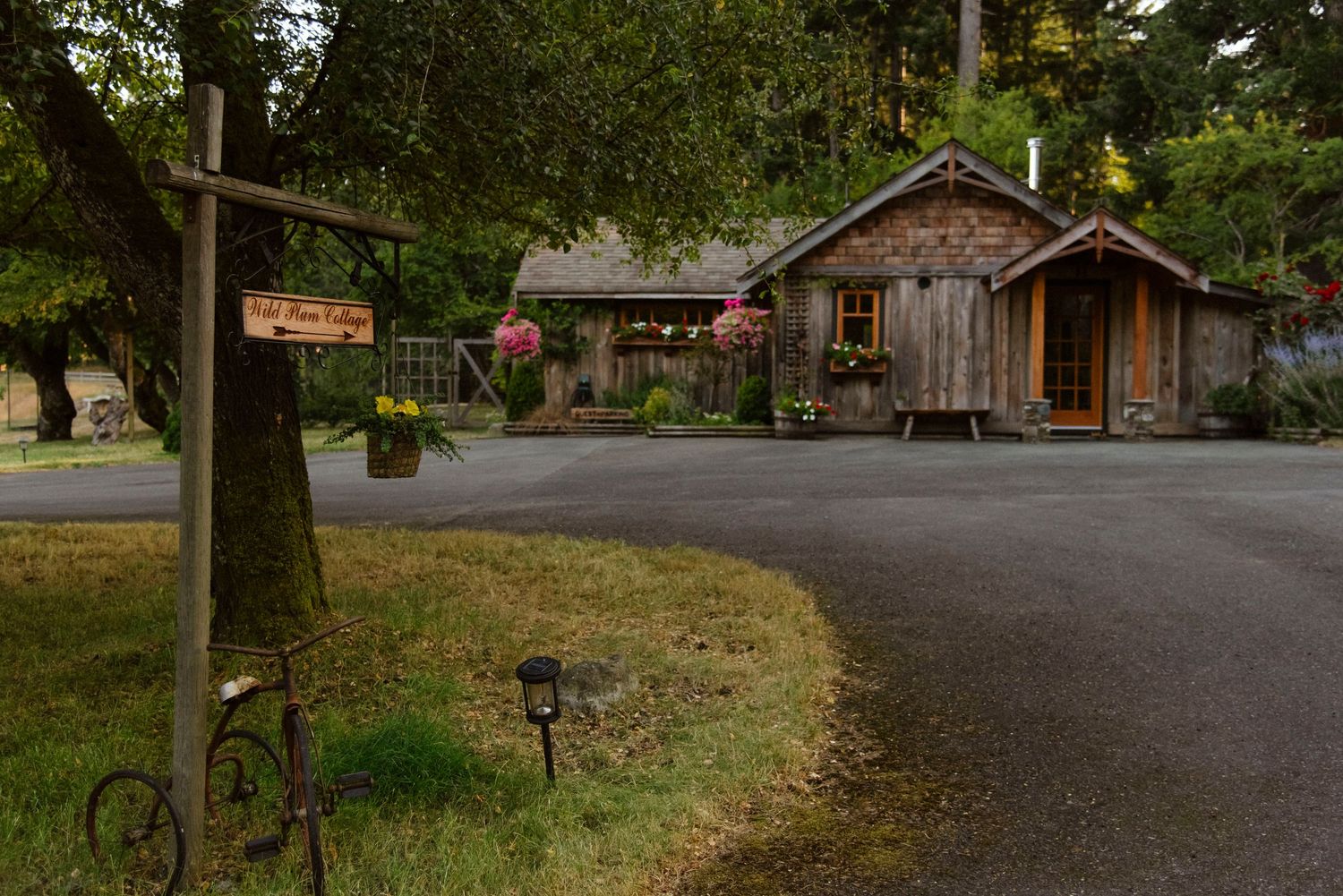 front view of the wild plum cottage on sacred arrow estates in salt spring island