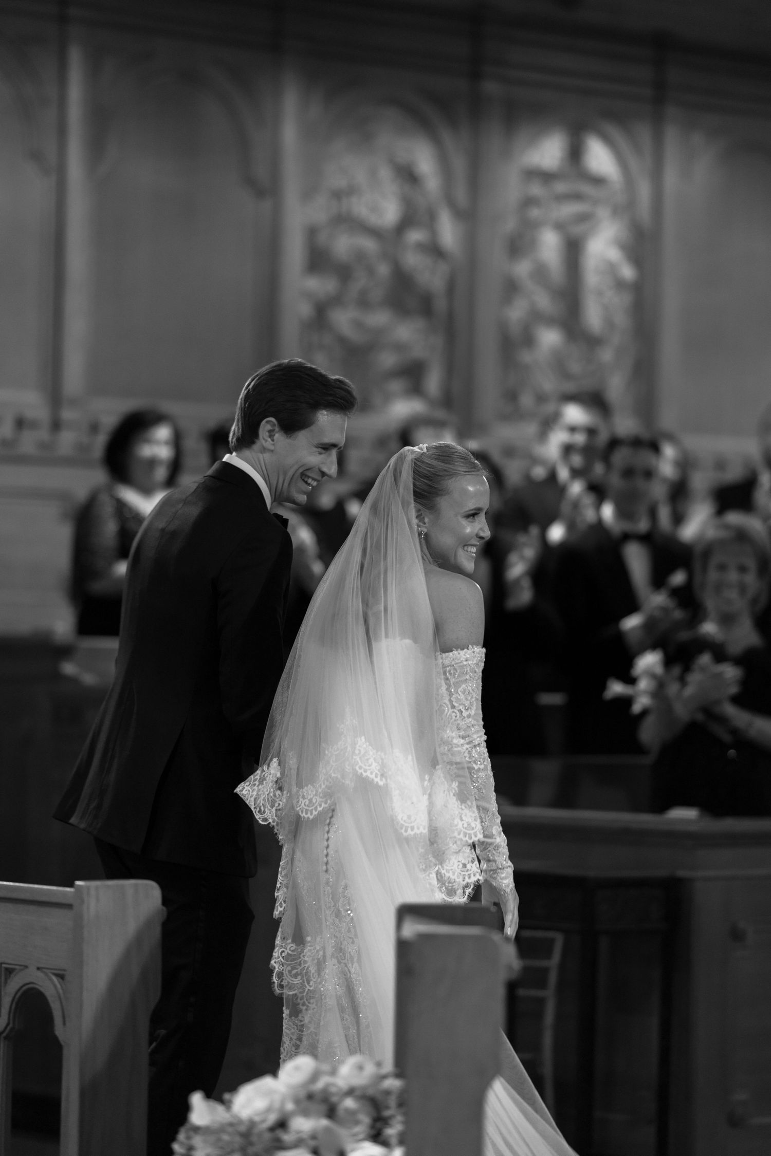 Black and white photo sequence showing a couple during their wedding ceremony in a church with traditional decor.