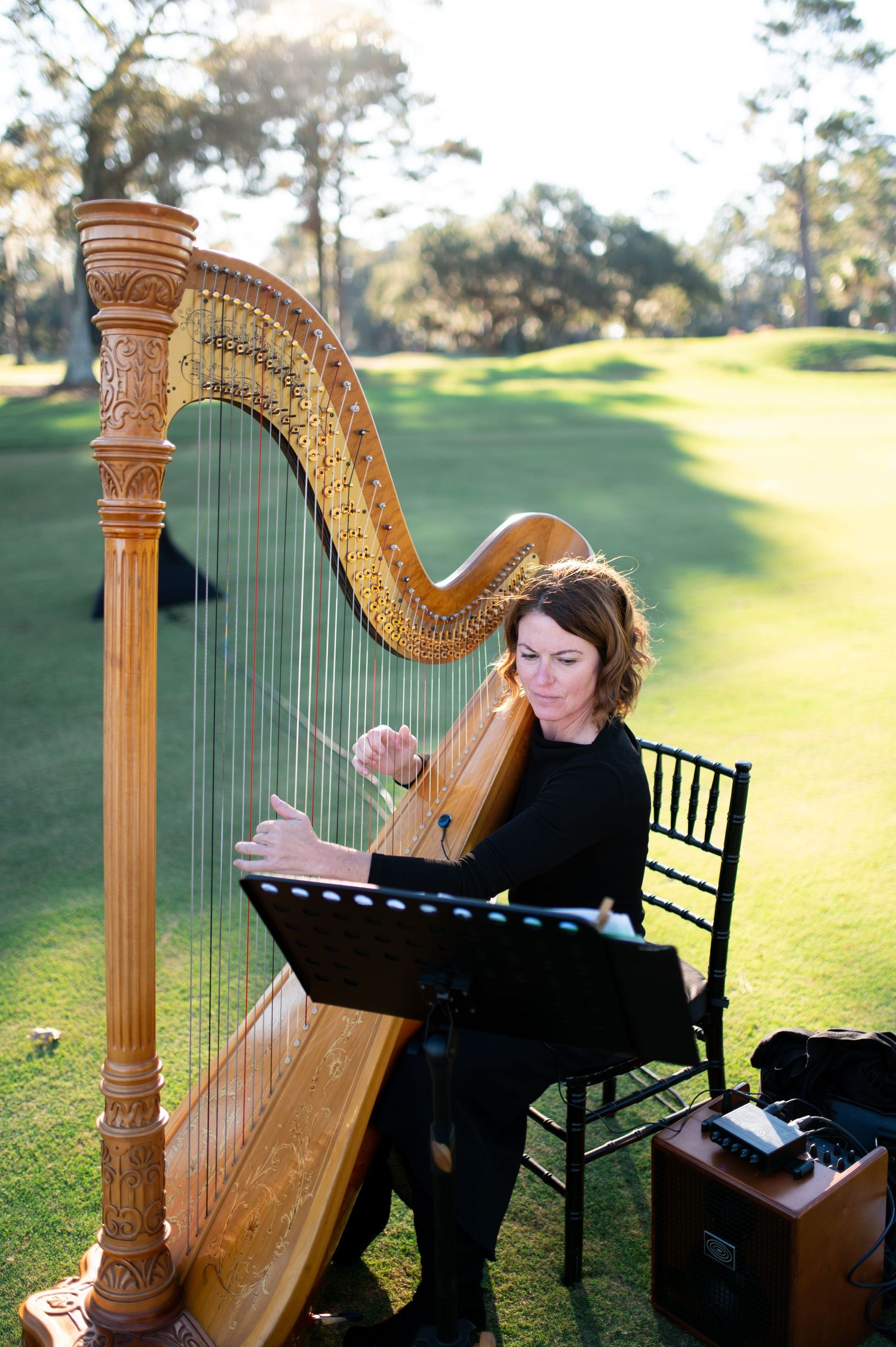 A harpist performs on an ornate golden harp during an outdoor event at sunset.