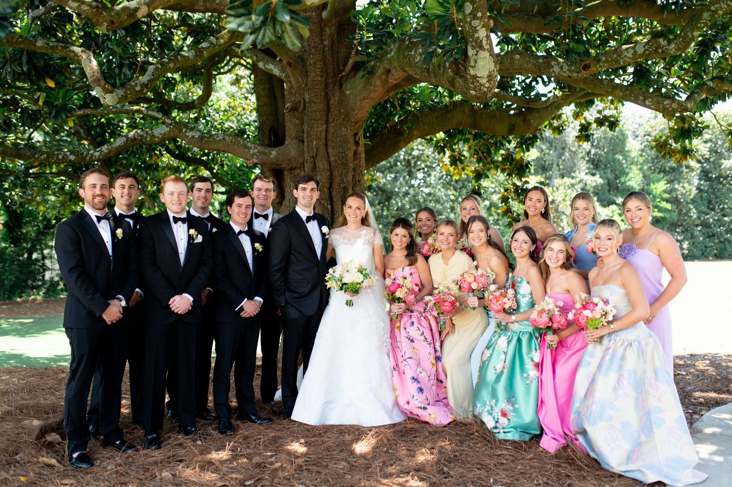 Wedding party group photo under large tree with colorful bridesmaids dresses and groomsmen in tuxedos.