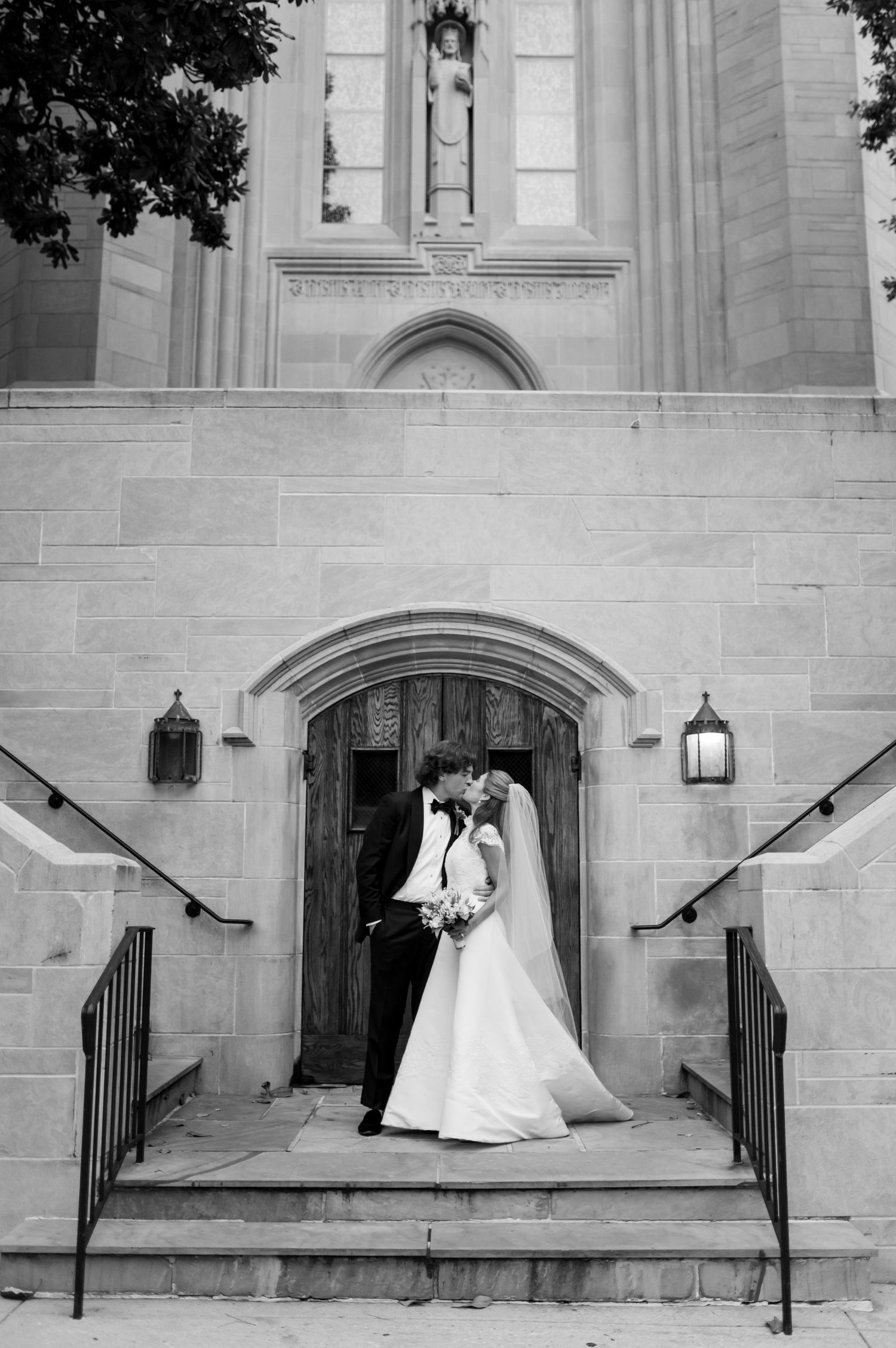 Series of artistic black and white wedding photos on stone church steps.