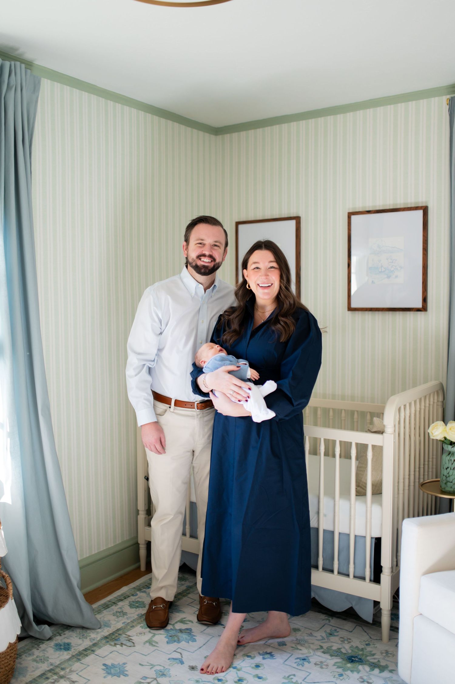 A series of four connected photos showing a nursery room with a white crib and blue curtains.