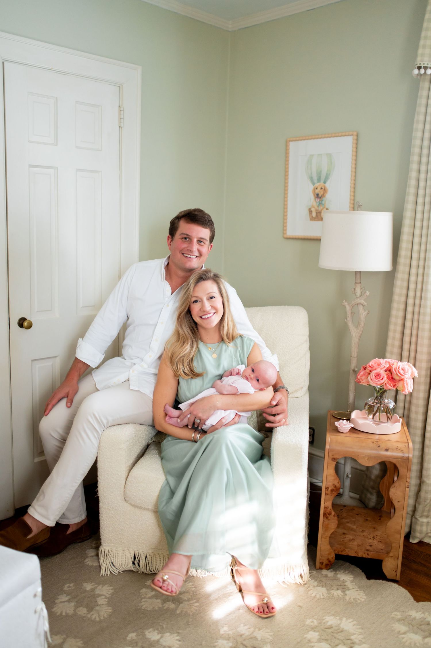A series of candid photos in a light-filled room showing moments between people in white and mint green attire.