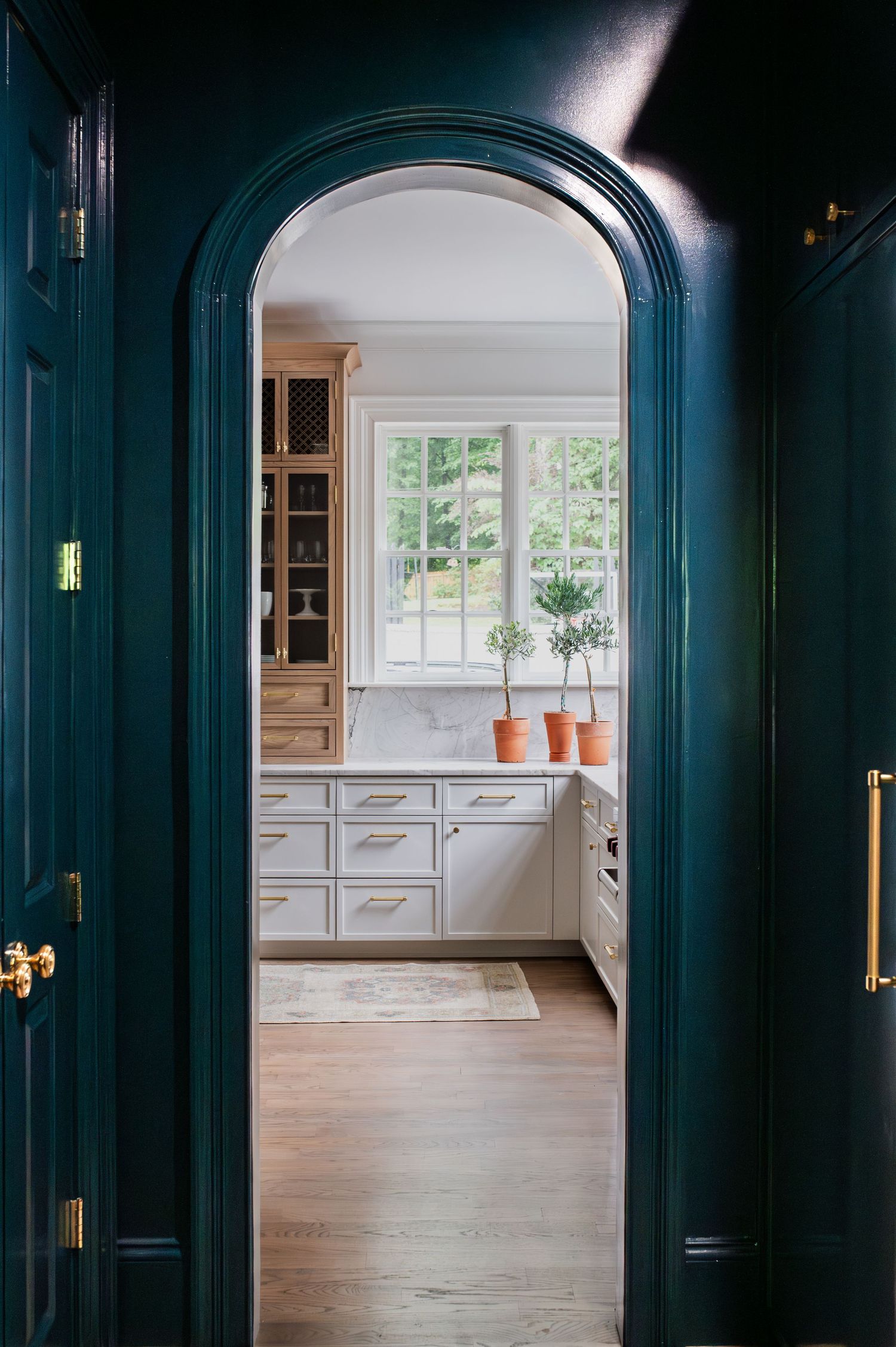 Dark teal arched doorway with brass hardware leading into a bright white kitchen with potted topiaries.