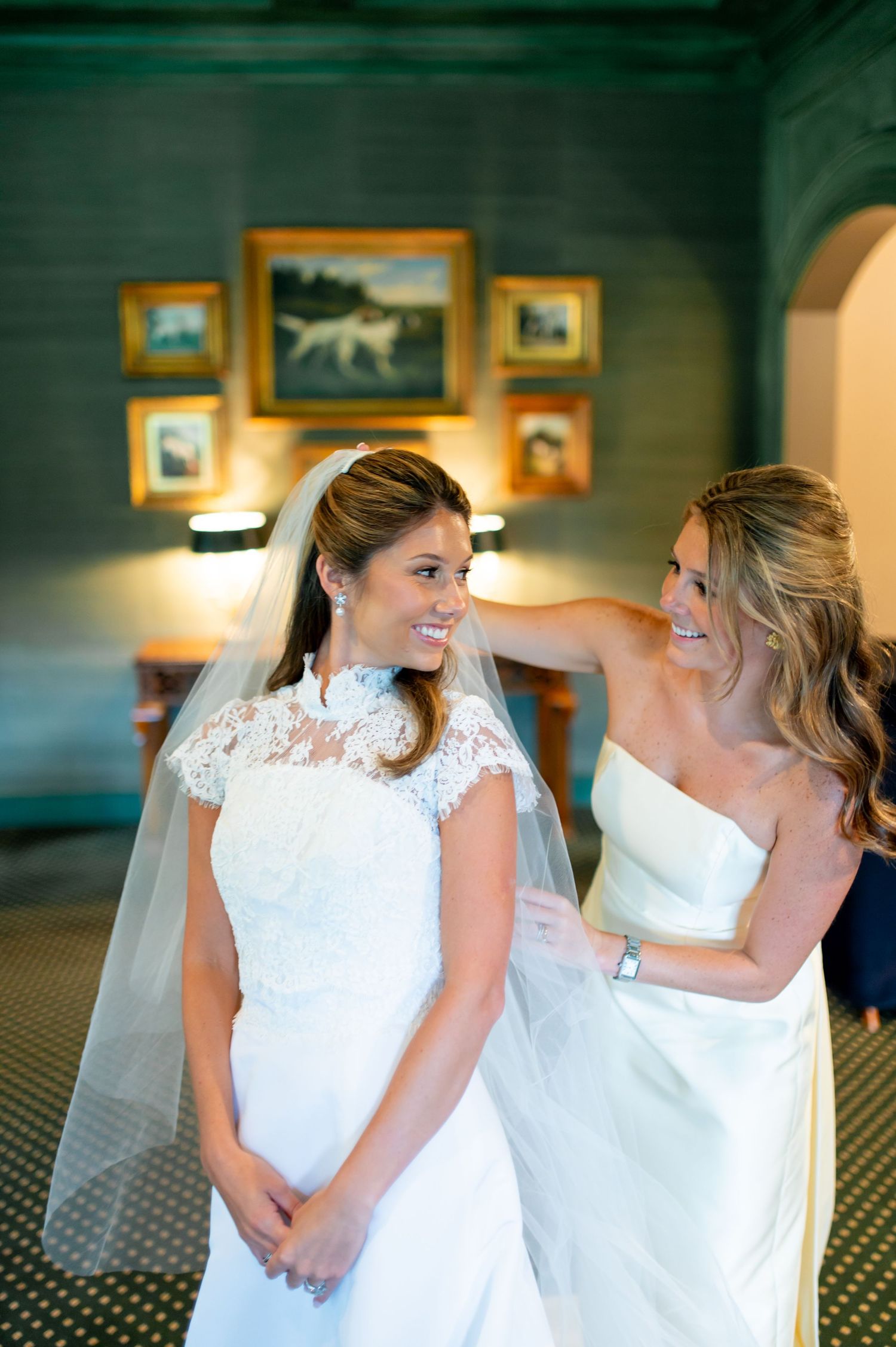 Playful wedding day moments captured in sequence against wood-paneled wall.