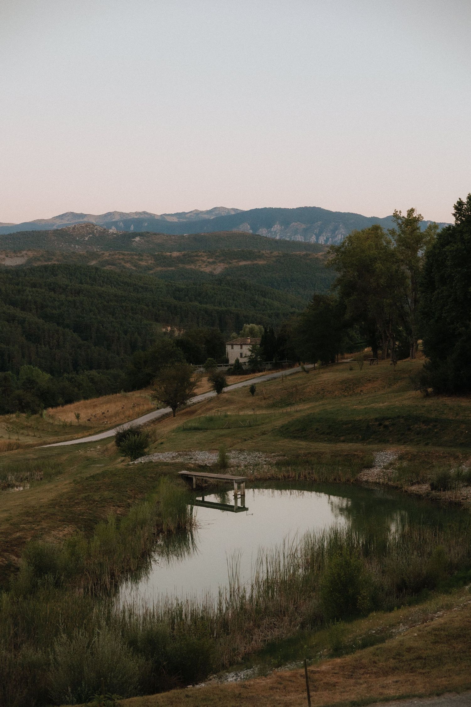 Serene mountain landscape with a reflective pond surrounded by rolling hills and forests at dusk.