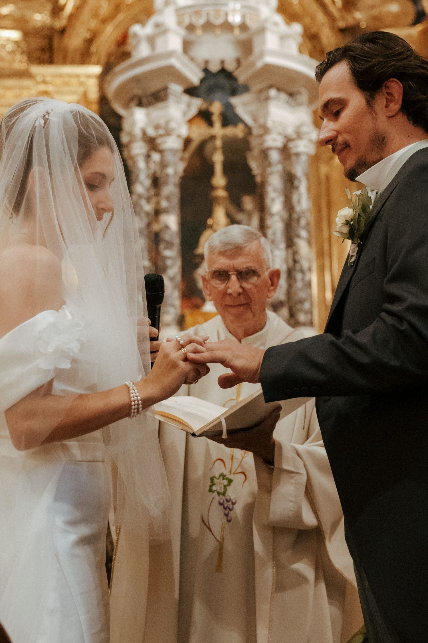 Sequence of wedding ceremony photos showing a priest performing religious rituals at an ornate church altar.