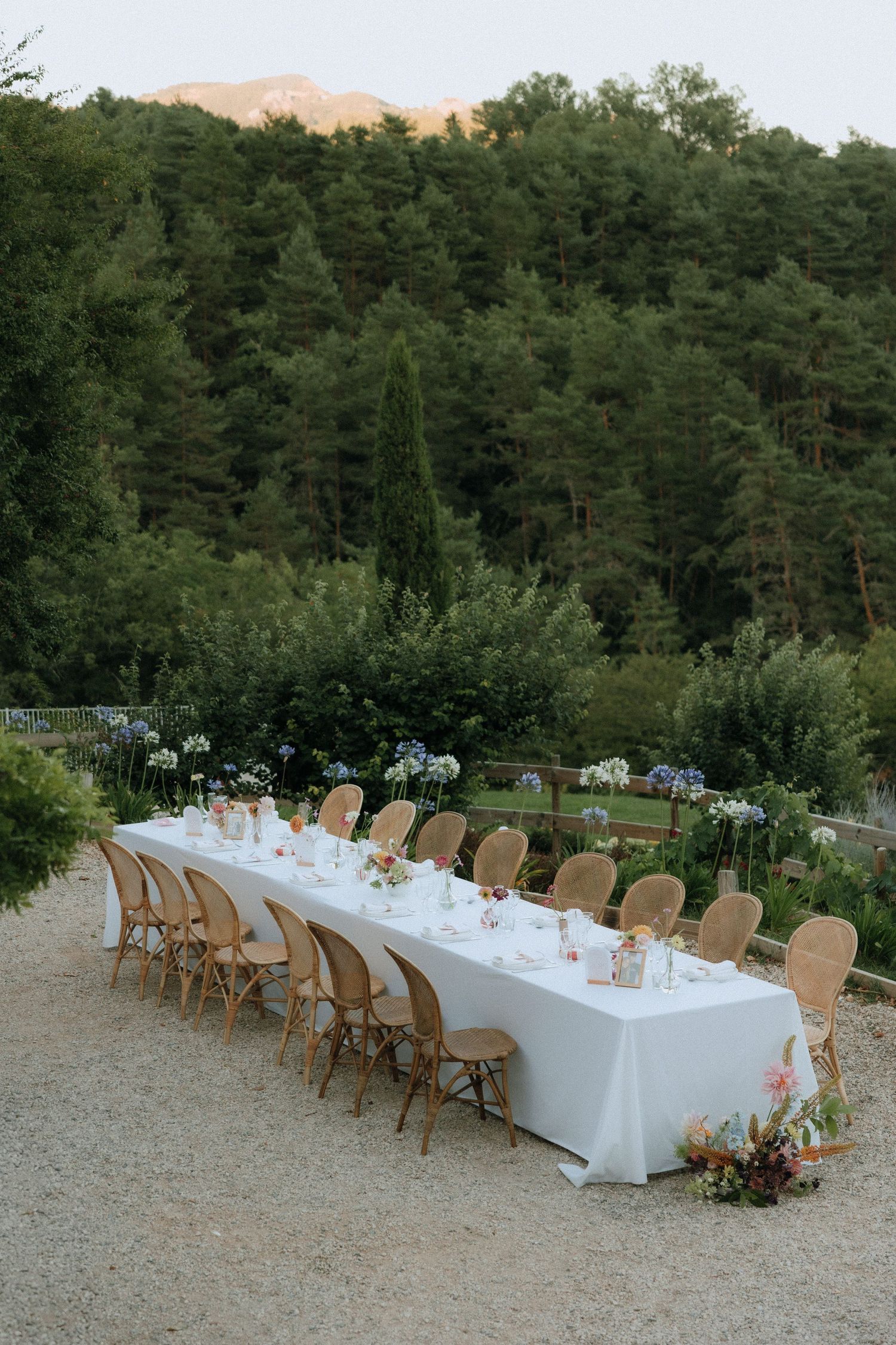 Long banquet table with white linens and rattan chairs set up outdoors with pine forest backdrop.