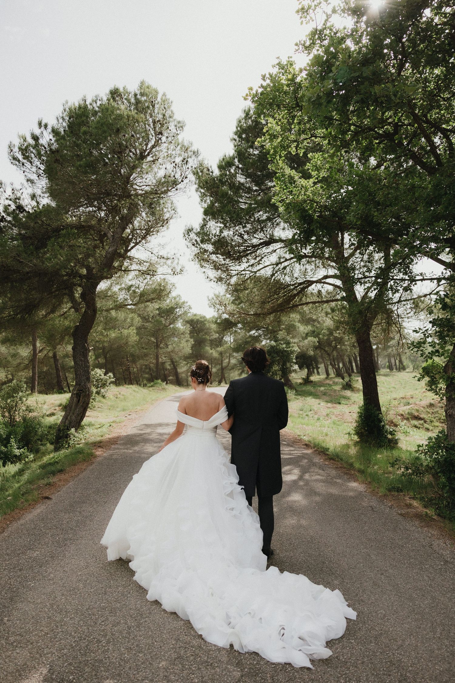 Wedding couple walking along a tree-lined path in a romantic outdoor setting.