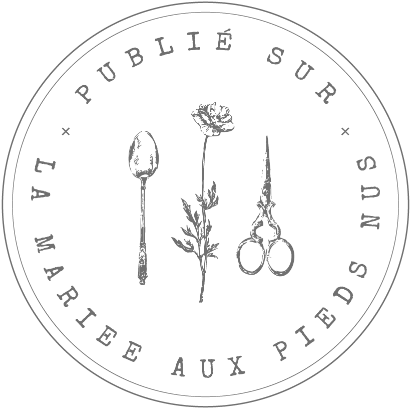 Circular logo design with spoon, rose flower, and scissors icons arranged around text in minimal black and white style.