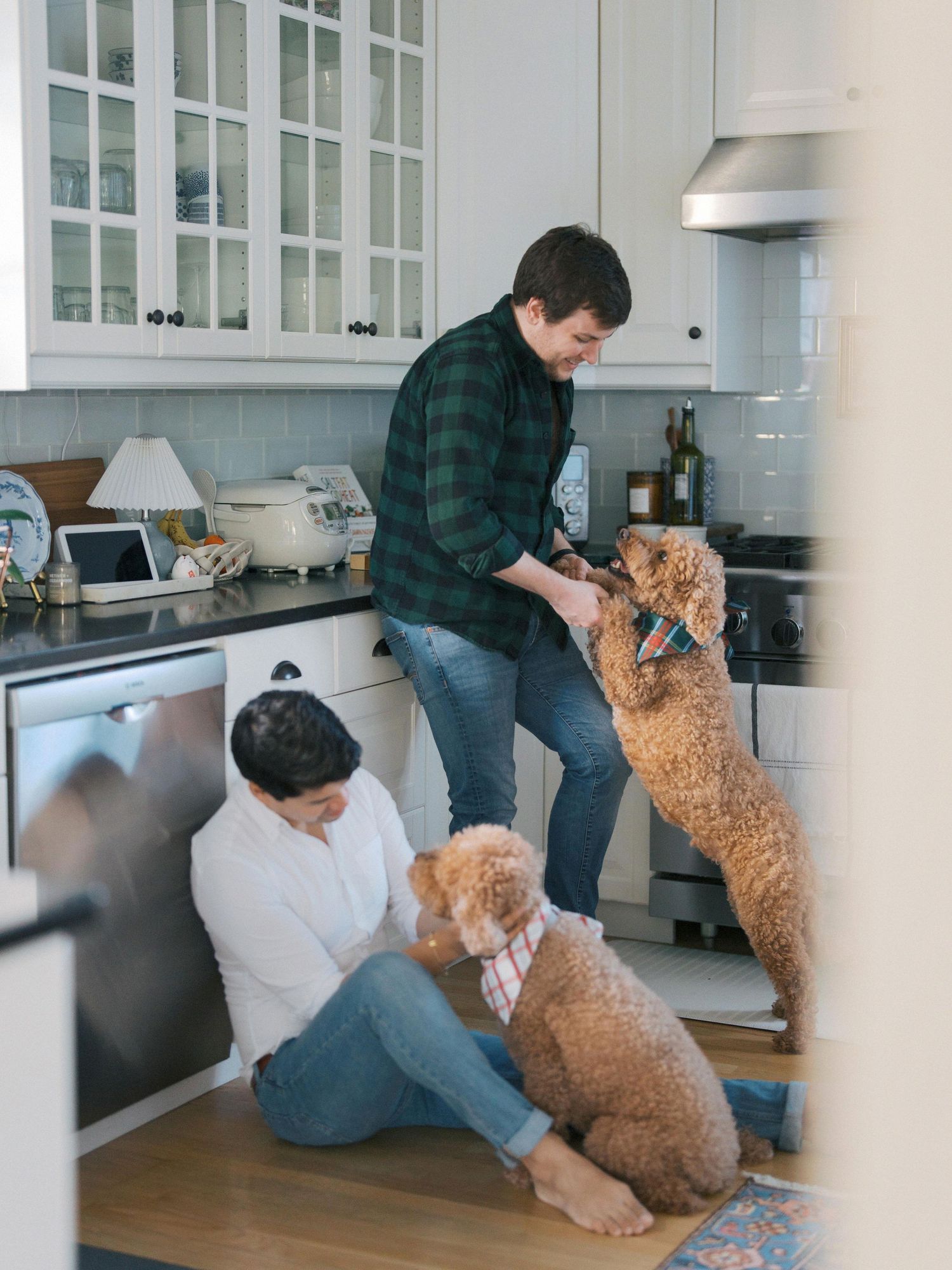 LGBTQ and LGBQ couple in Seattle enjoying a relaxed morning at home with their two goldendoodles during a cozy lifestyle photography session