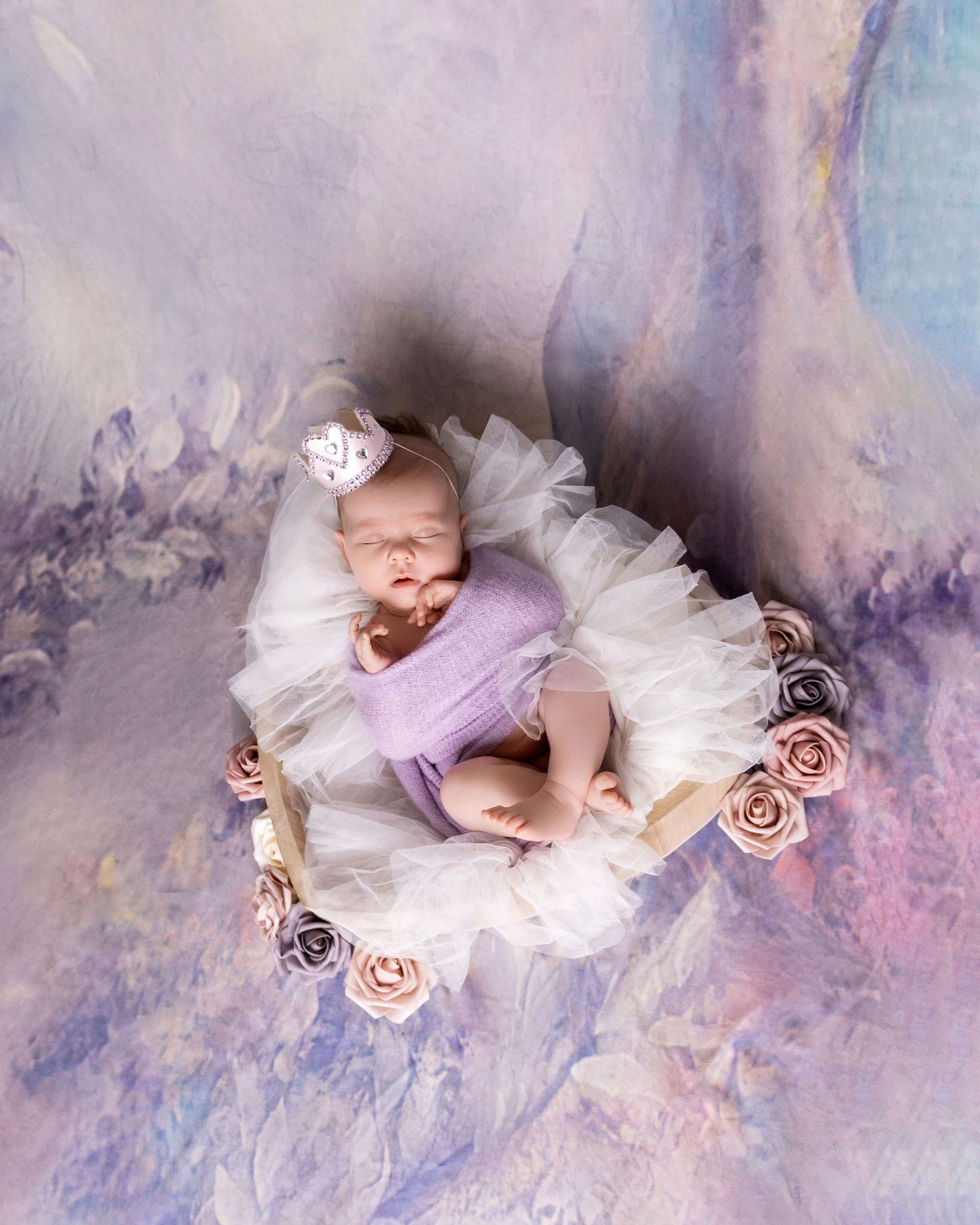 Baby nestled in tulle fabric surrounded by pink roses on purple watercolor background.