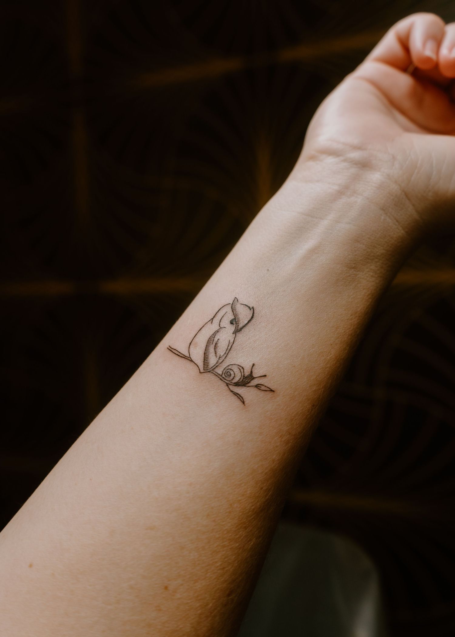 Minimalist fine line owl and branch wrist tattoo in black ink on fair skin.