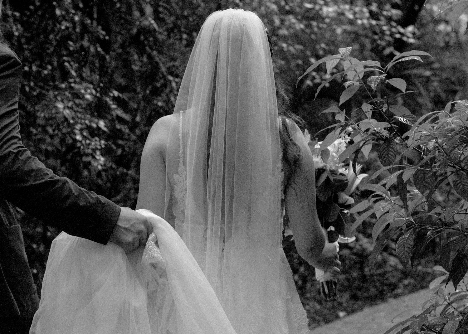 Black and white photo of bride in wedding gown and veil walking through garden with groom.