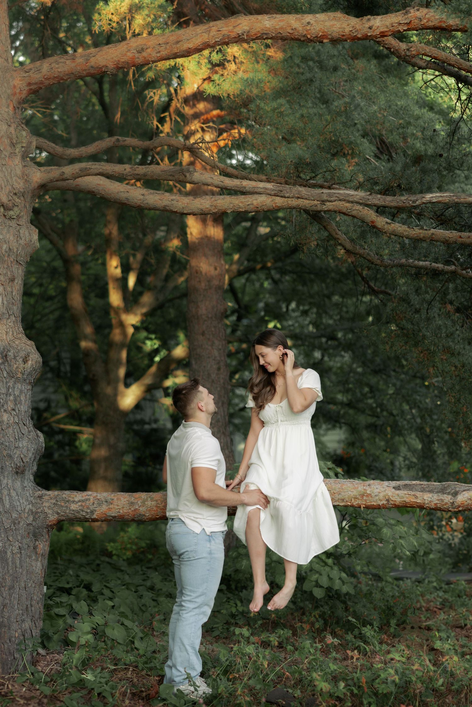 A romantic couple shares tender moments in a wooded forest setting during golden hour.