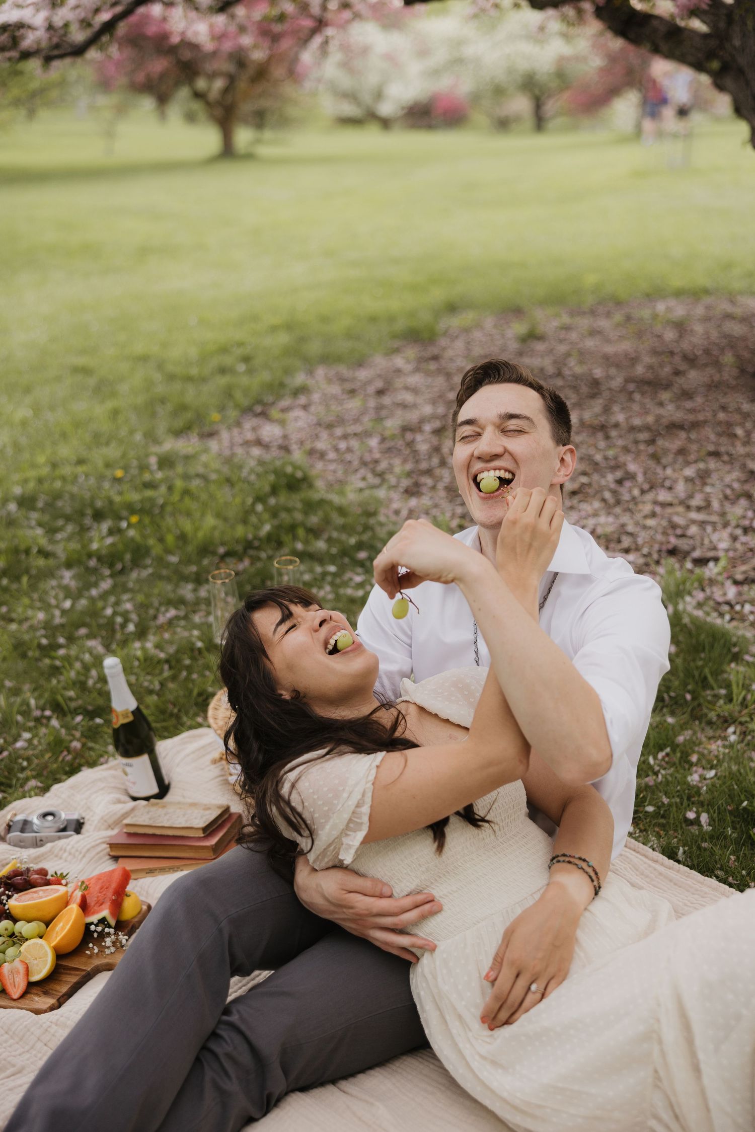 Couple laughs joyfully during romantic picnic under blooming cherry trees in spring.