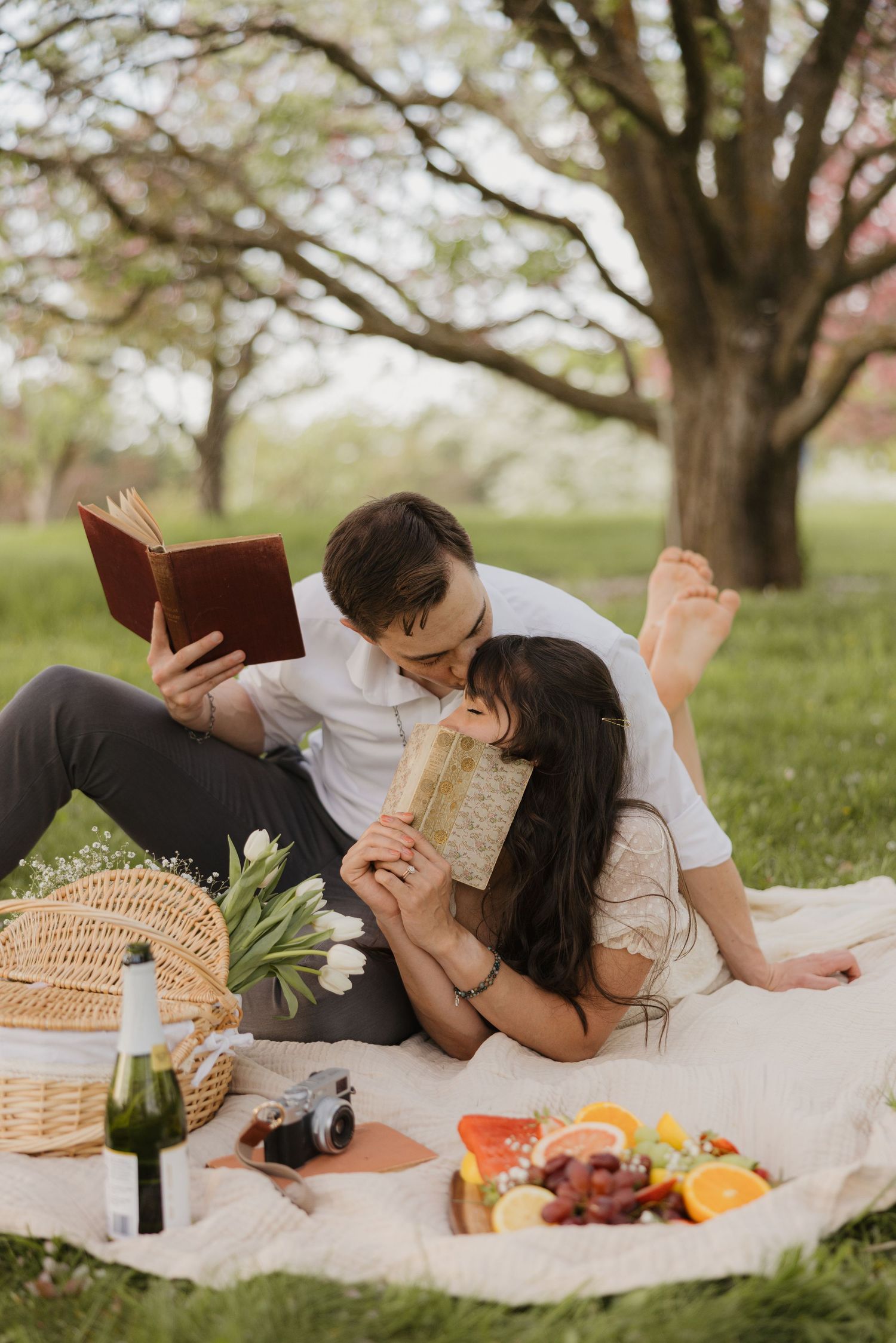 A romantic springtime picnic scene under a tree with books, a picnic basket, and assorted fruits and snacks on a blanket.