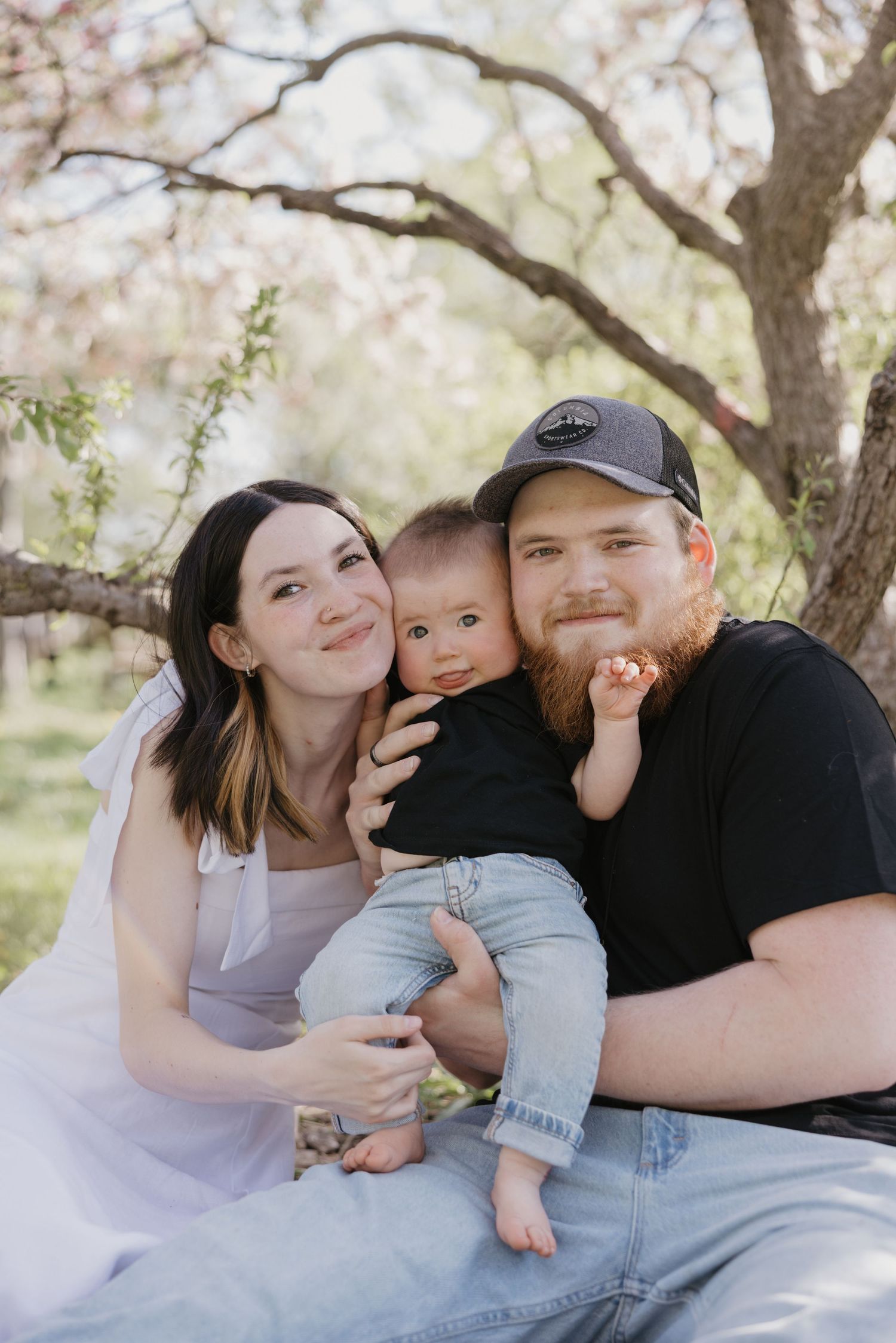 A family sits together under blooming cherry trees during a spring photo session.
