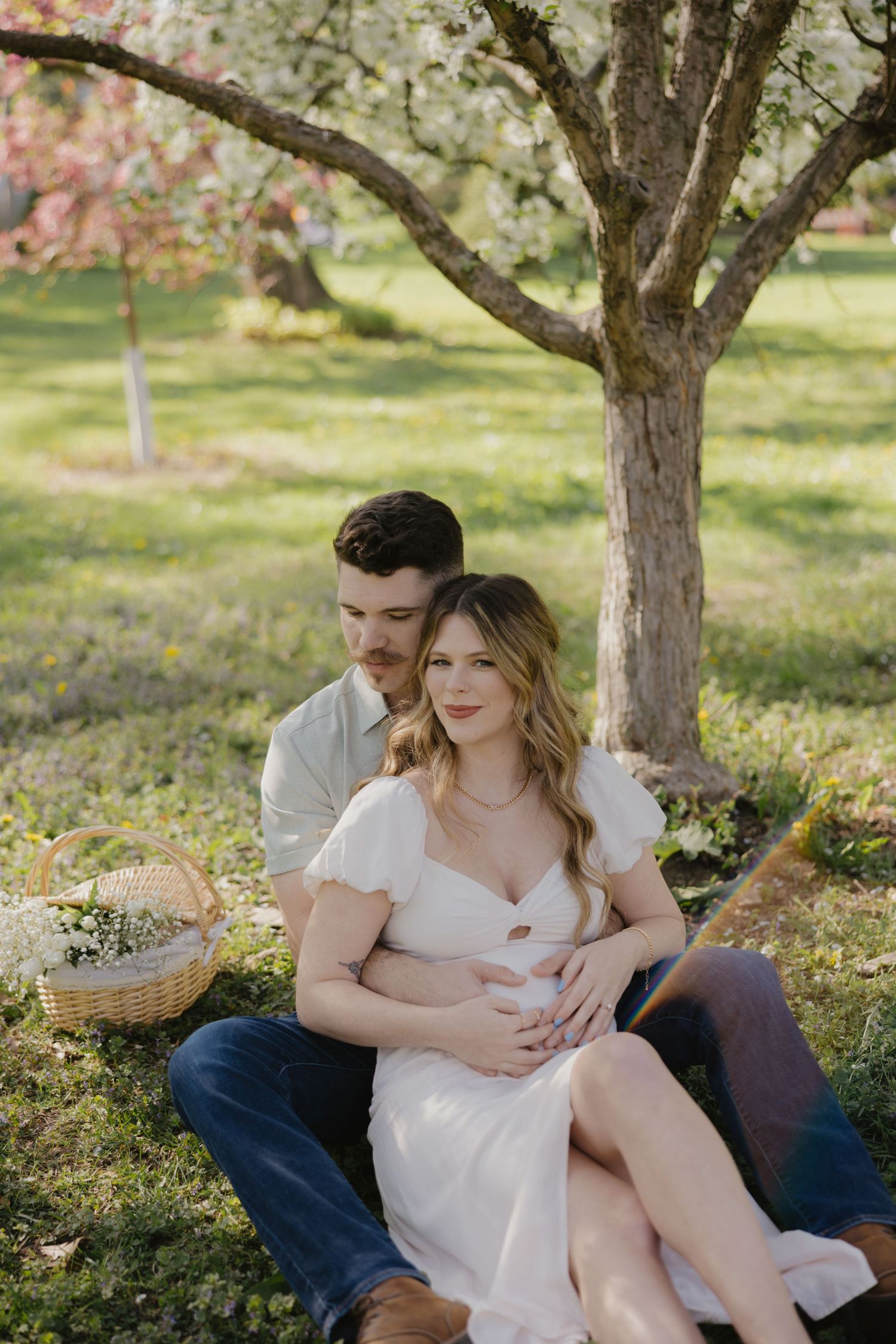 A romantic springtime moment under a blossoming tree with a wicker basket in a sunny orchard.