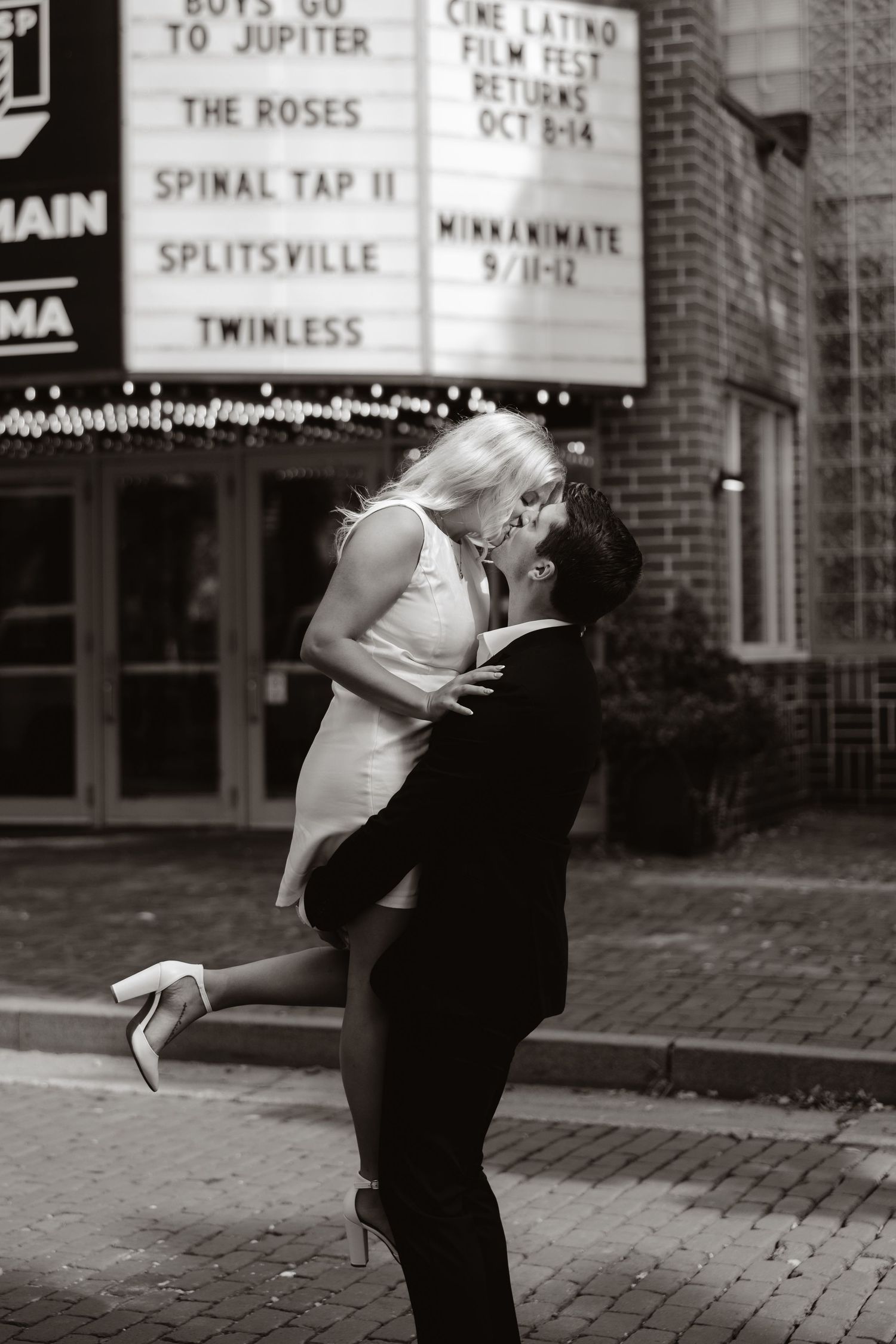 A sequence of five black and white photos shows a couple dancing together on a brick sidewalk.
