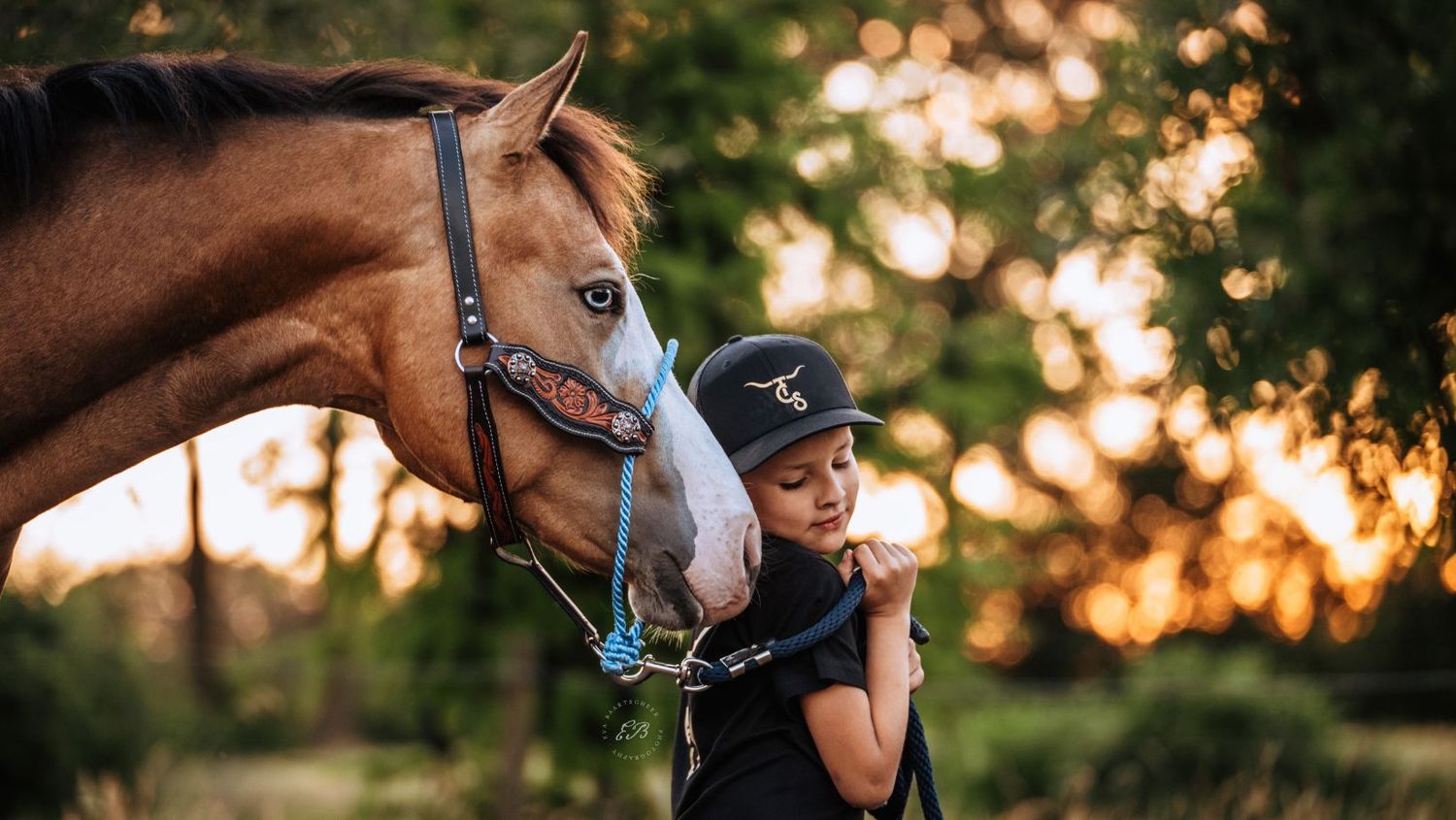 Westernpaard met blauwe ogen, samen met jongetje in het golden hour licht gefotografeerd in Peer, Limburg België door paardenfotograaf.